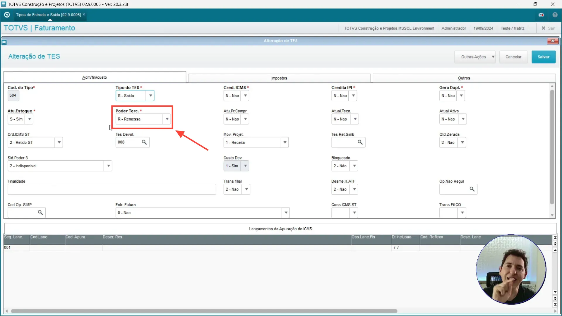 Cadastro de TES campo controle de terceiros TOTVS Protheus