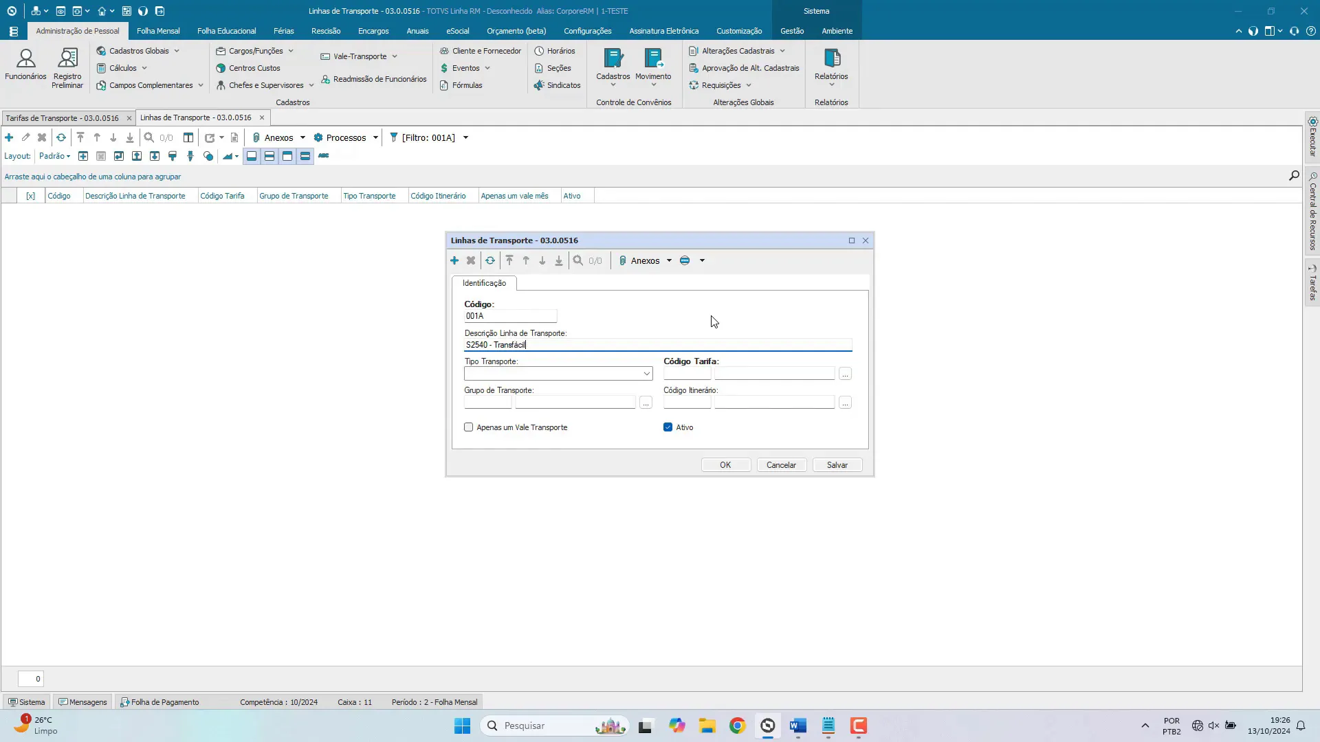 Cadastro de linhas de transporte no sistema RM Labore