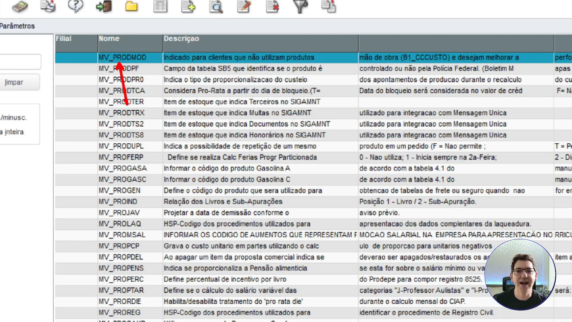 Configurando o parâmetro MV_PRODMOD
