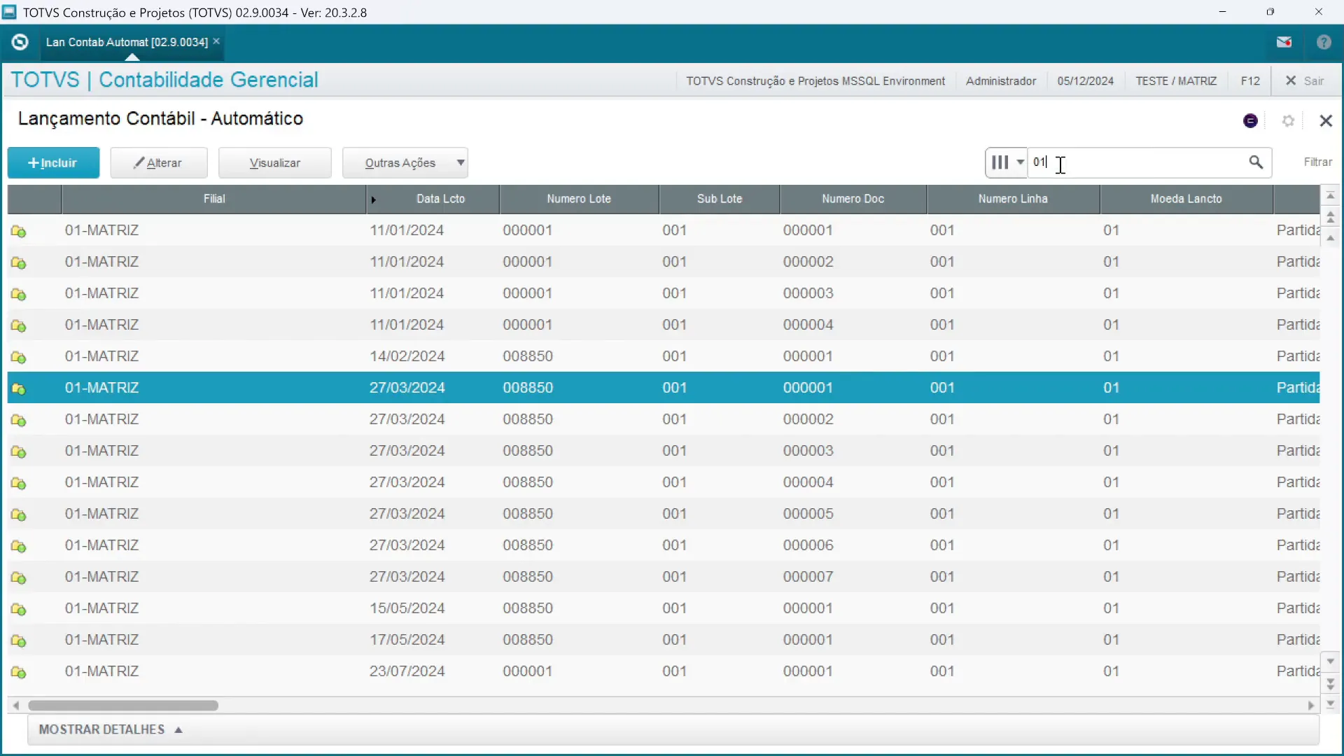 Tela de lançamentos contábeis - Modulo Contabilidade Gerencial sistema de ERP TOTVS Protheus.