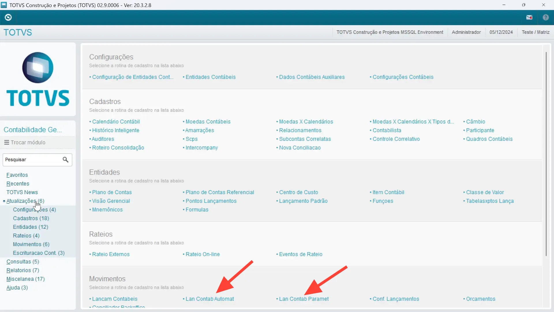 Menu modulo contabilidade gerencial no sistema de ERP TOTVS Protheus.