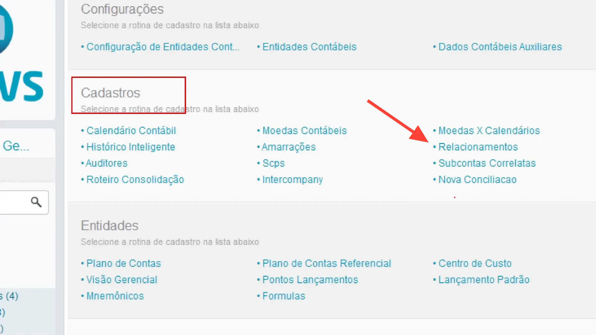 Rotina relacionamentos no módulo contabilidade gerencial no sistema de ERP TOTVS Protheus.