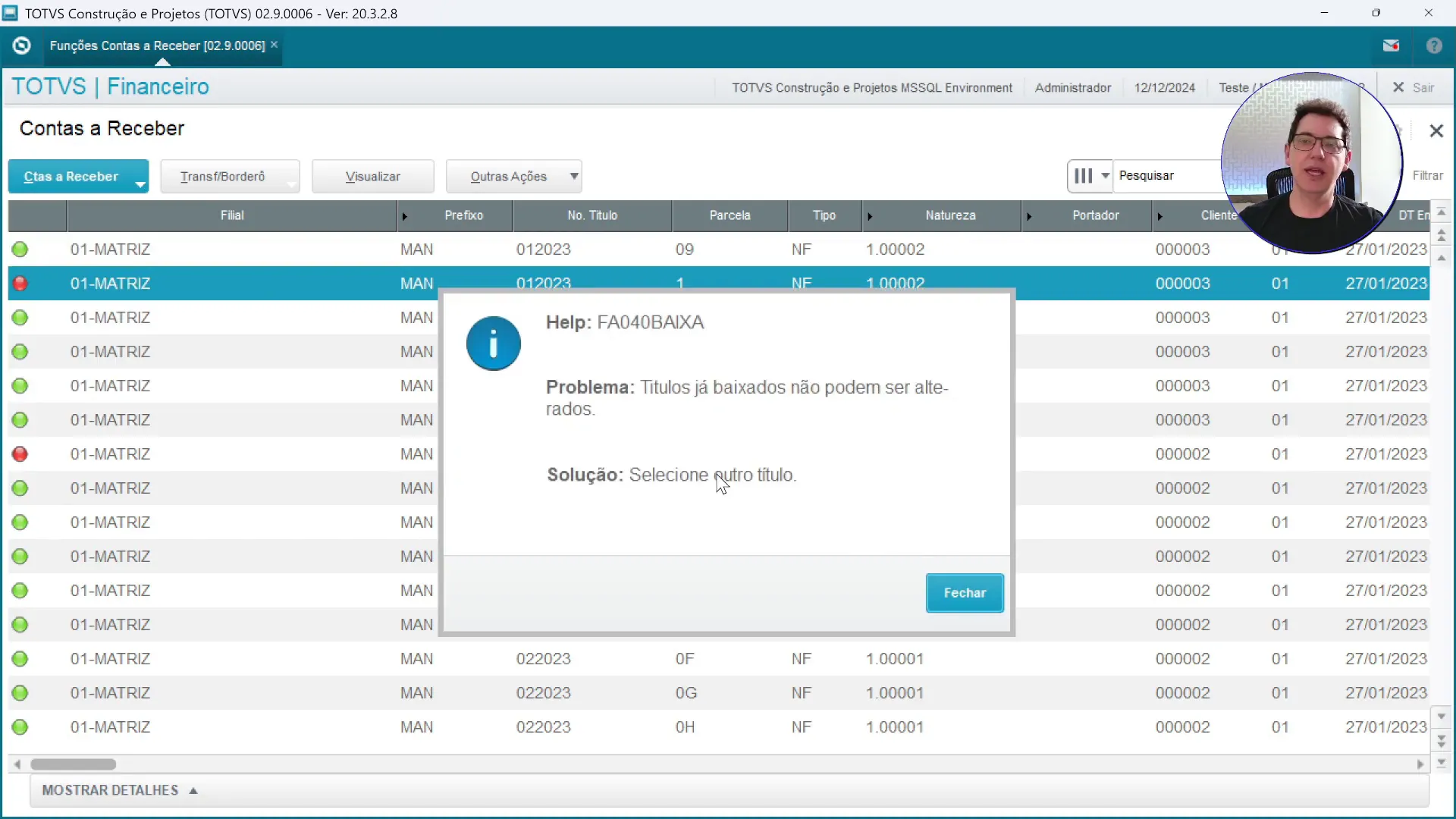 Status de título baixado - sistema de ERP TOTVS Protheus