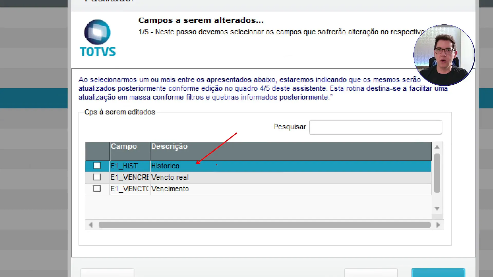 Alterando histórico no Facilitador - Modulo Financeiro sistema de ERP TOTVS Protheus.