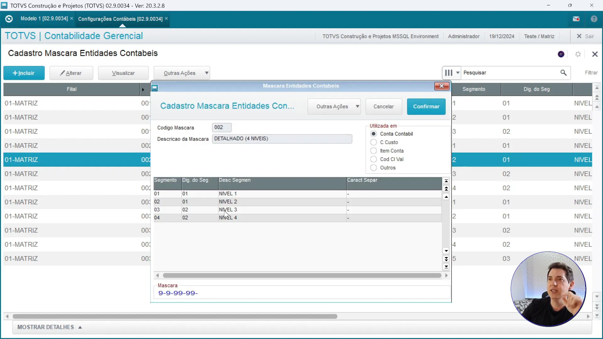 Configuração da máscara contábil no Protheus