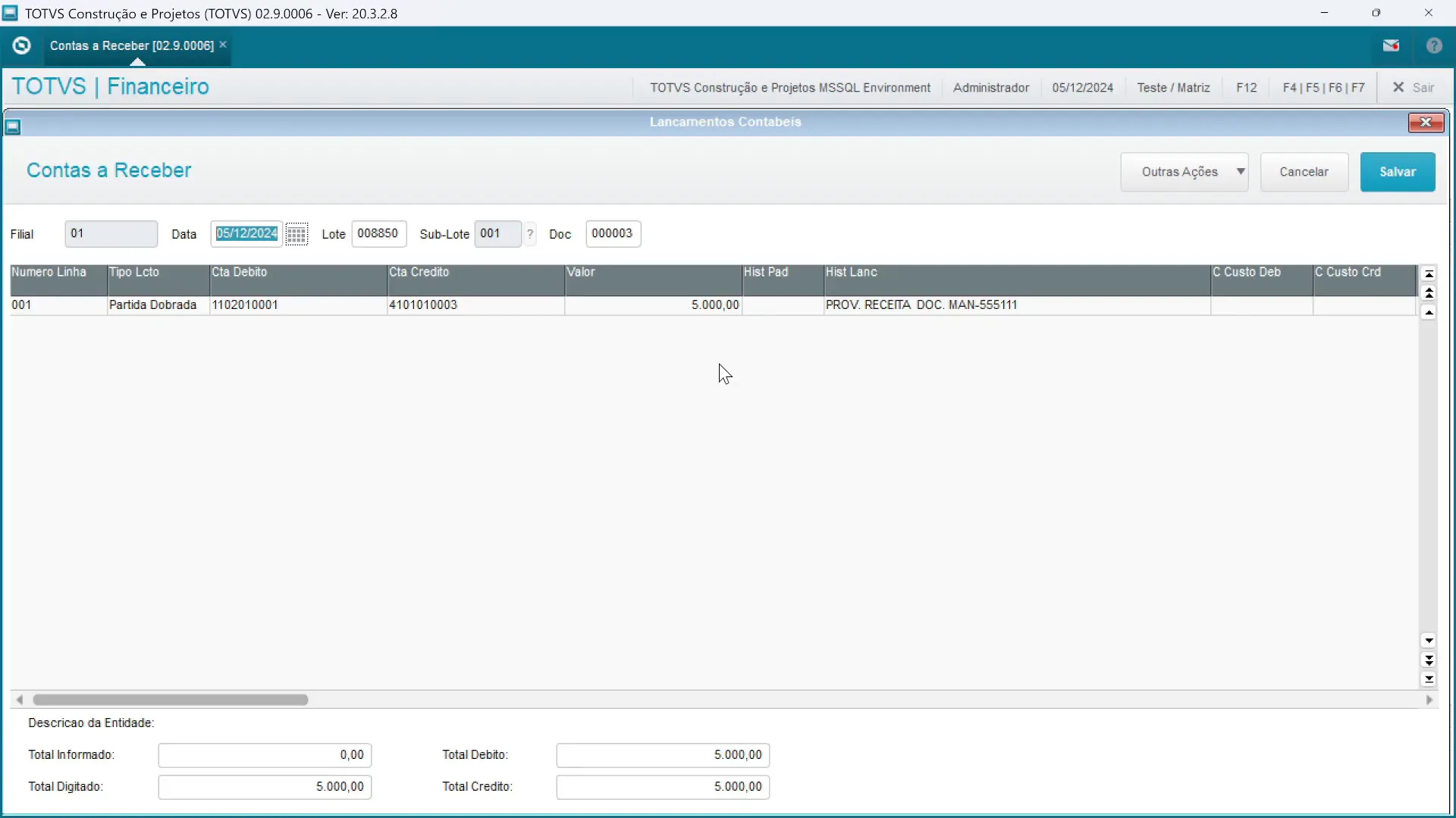 Tela de lançamento contábil online na inclusão de títulos do contas a receber no sistema de ERP TOTVS PROTHEUS.