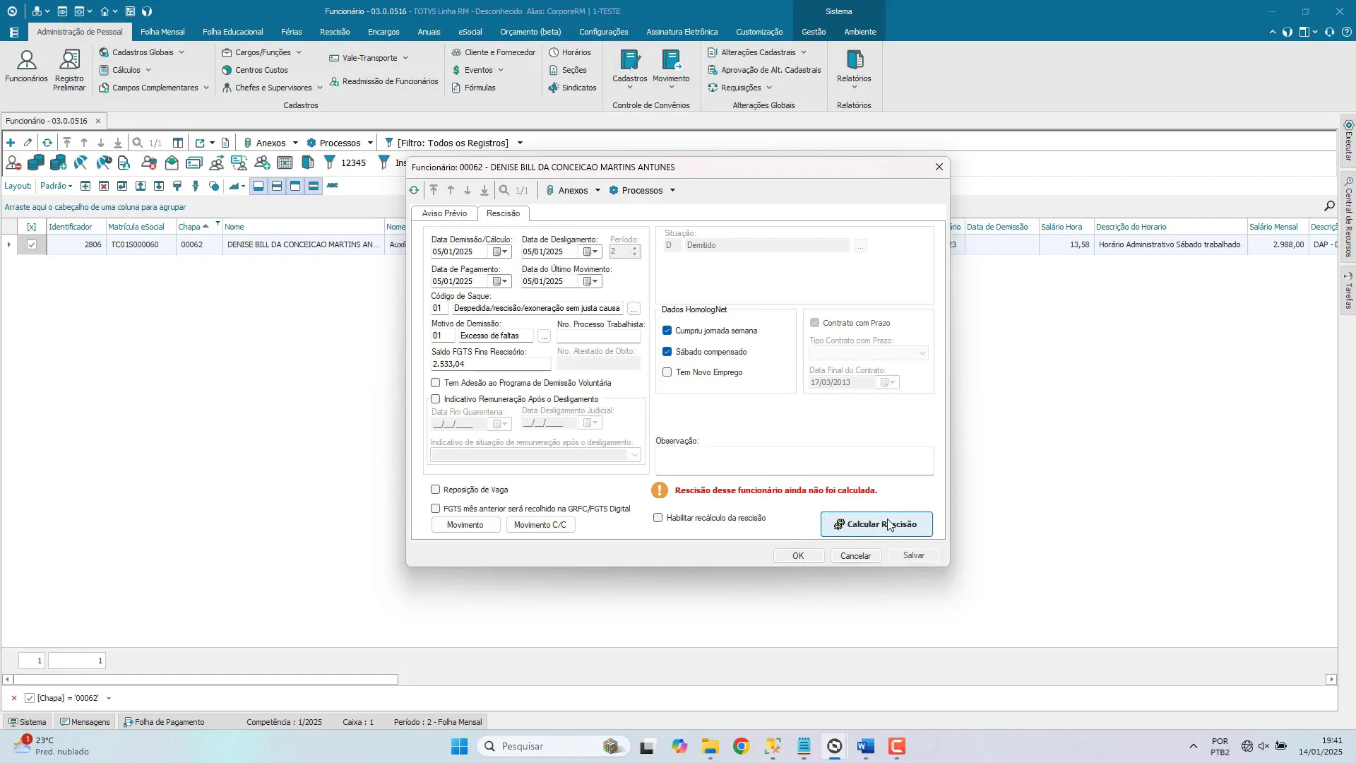 Executando fórmula de aviso do sindicato