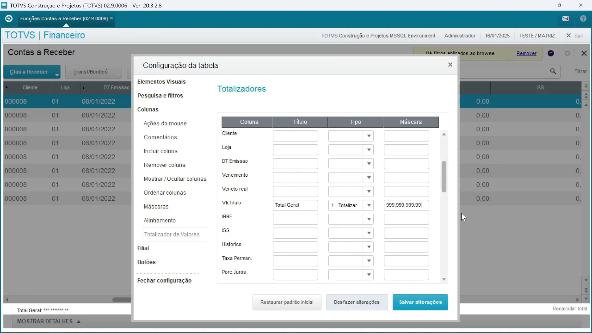 Configurando totalizador para calcular valores