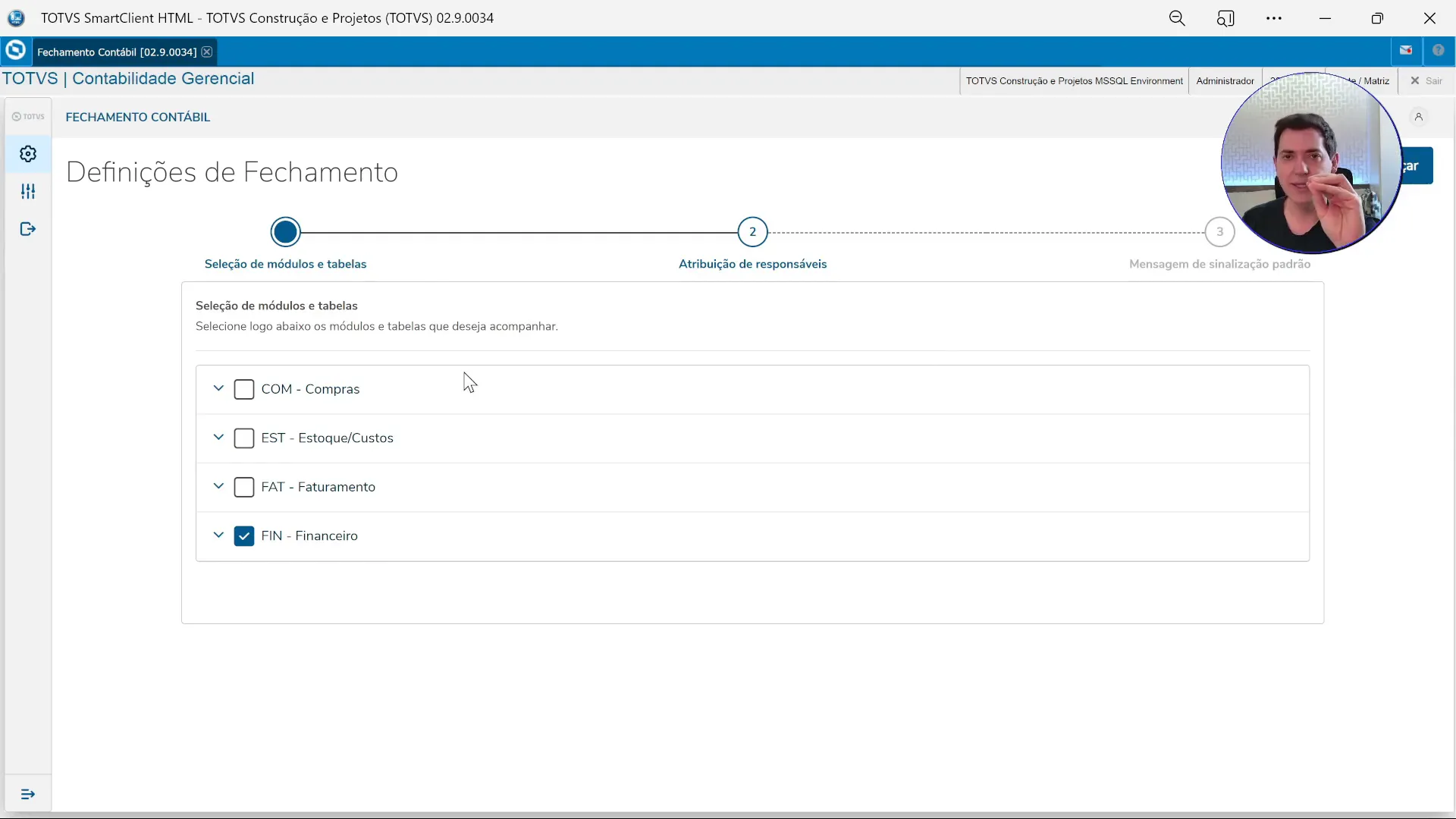Interface da nova rotina de fechamento contábil
