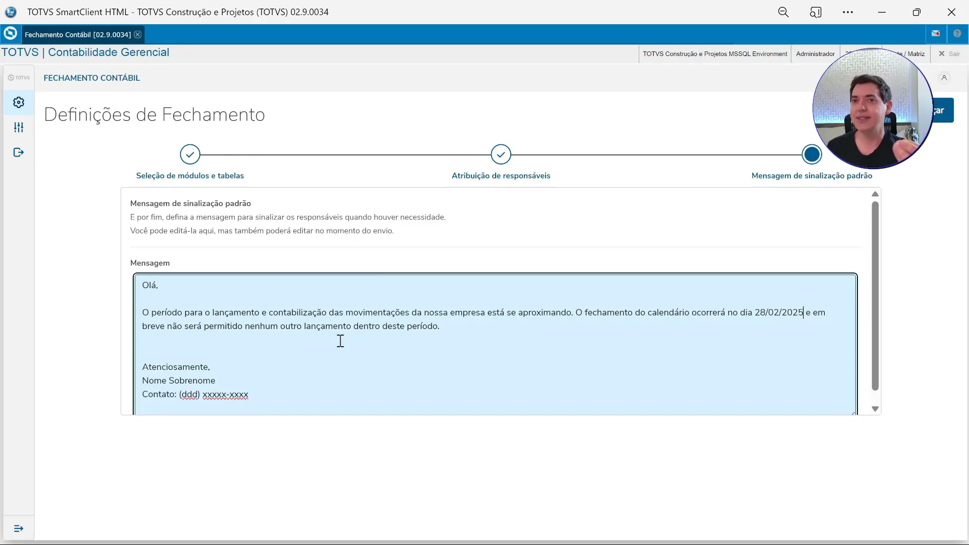 Configuração de responsáveis na rotina de fechamento