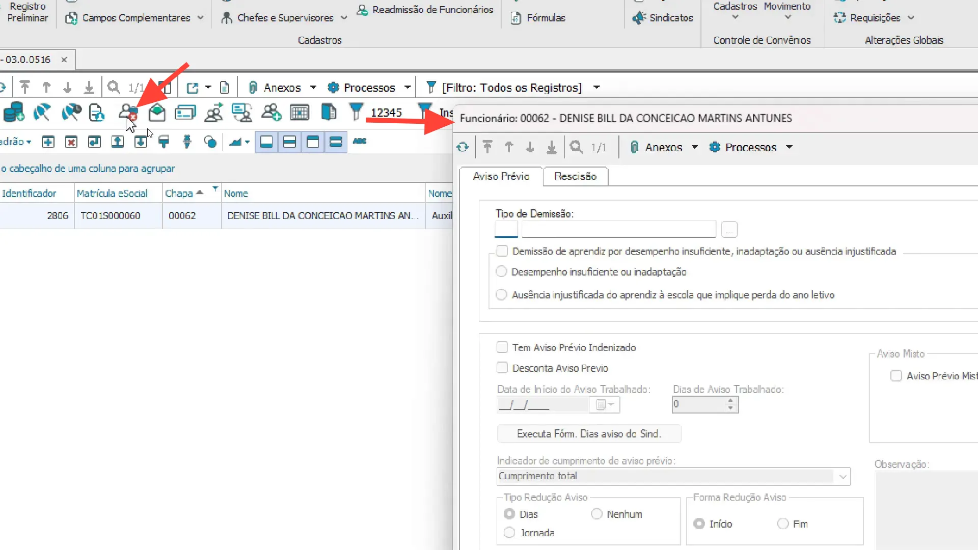 Tela de cadastro de rescisão no RM Labore