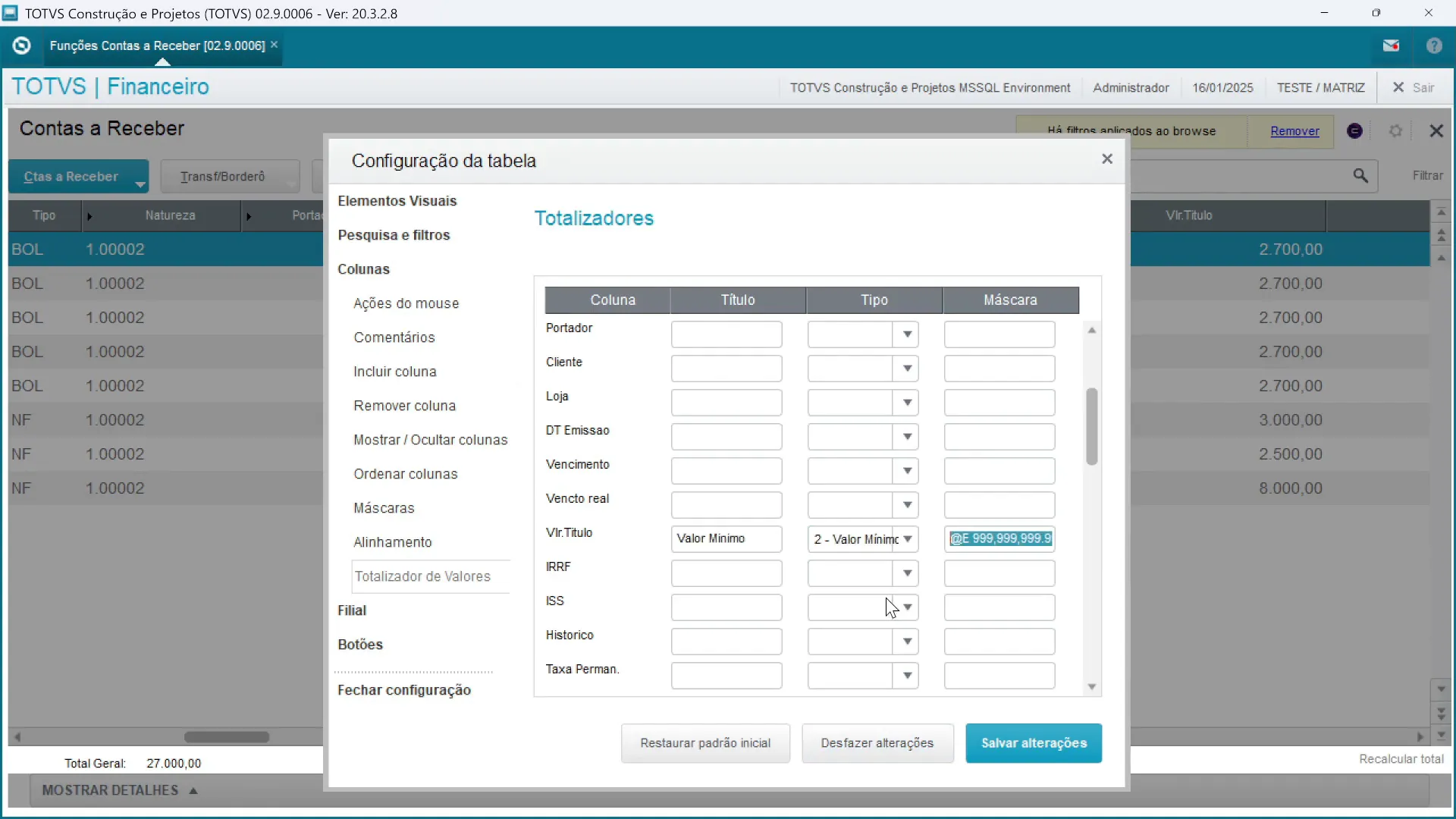 Configurando para calcular valor mínimo e máximo