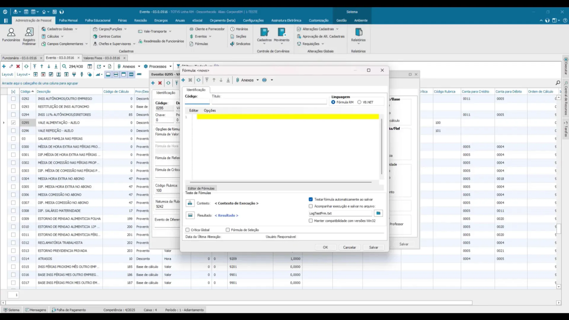 Tela de Edição de Fórmulas