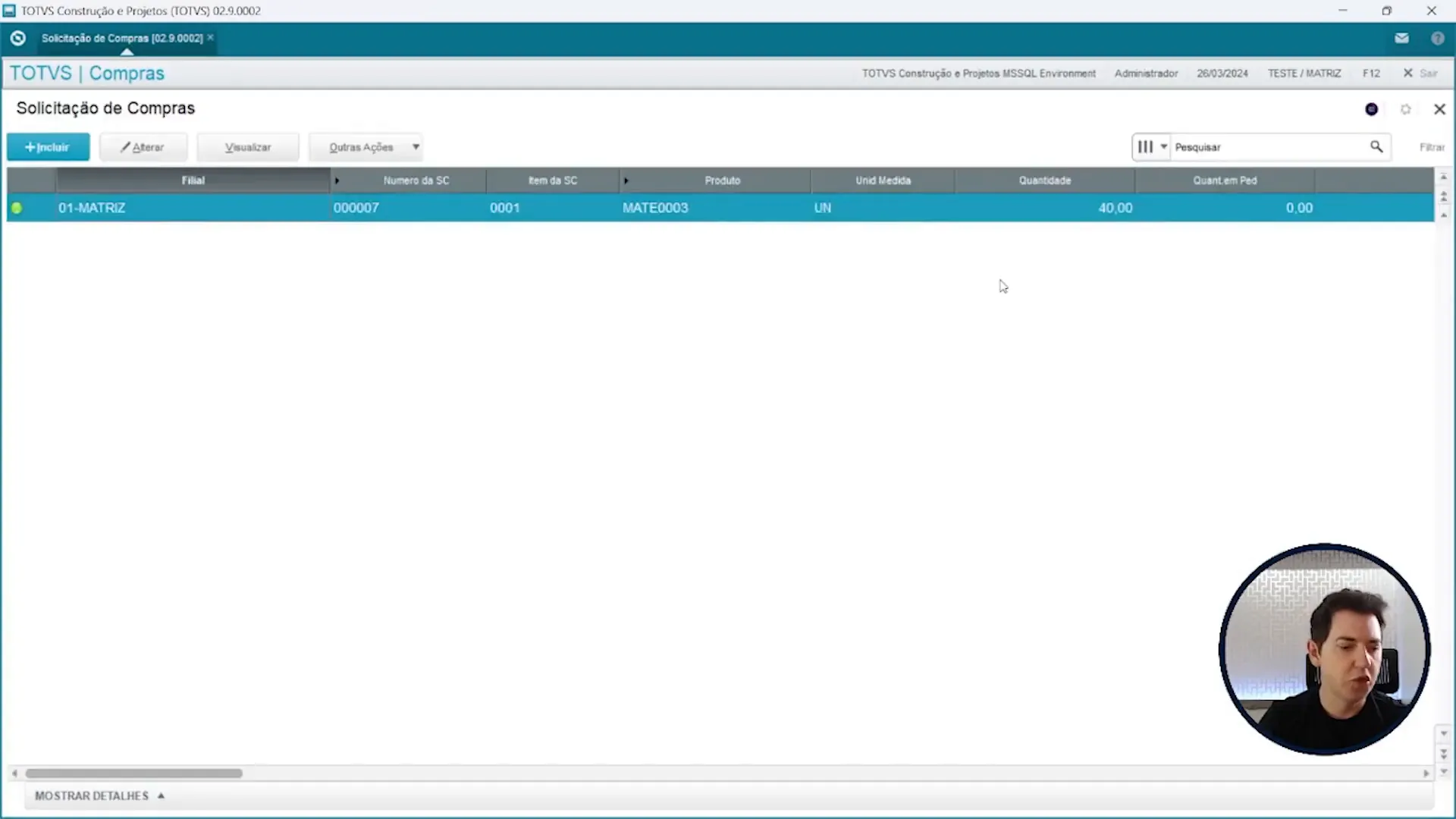 Solicitação de compra gerada com lote econômico, através do sistema de ERP Totvs Protheus.