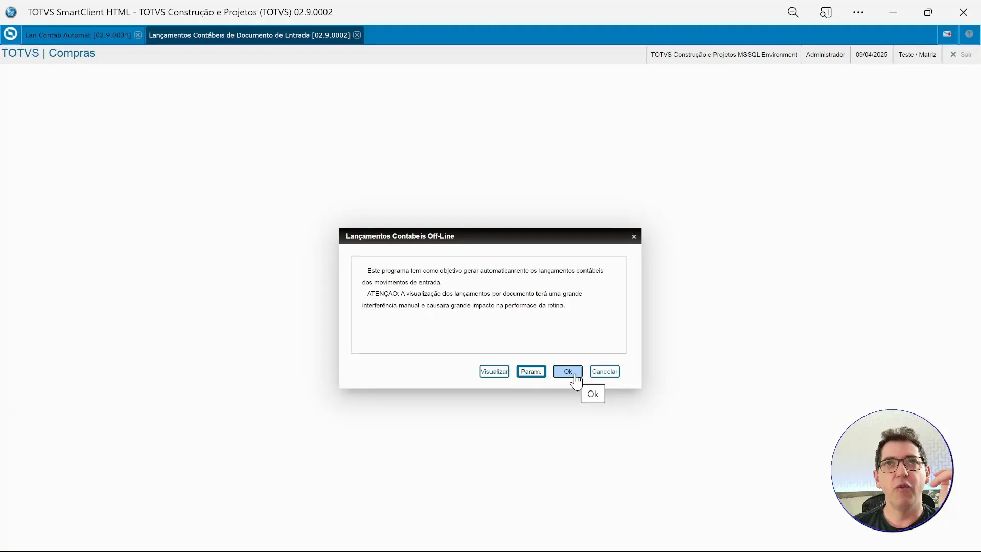 Tela de Lançamentos Contábeis de Documento de Entrada no ERP TOTVS Protheus.