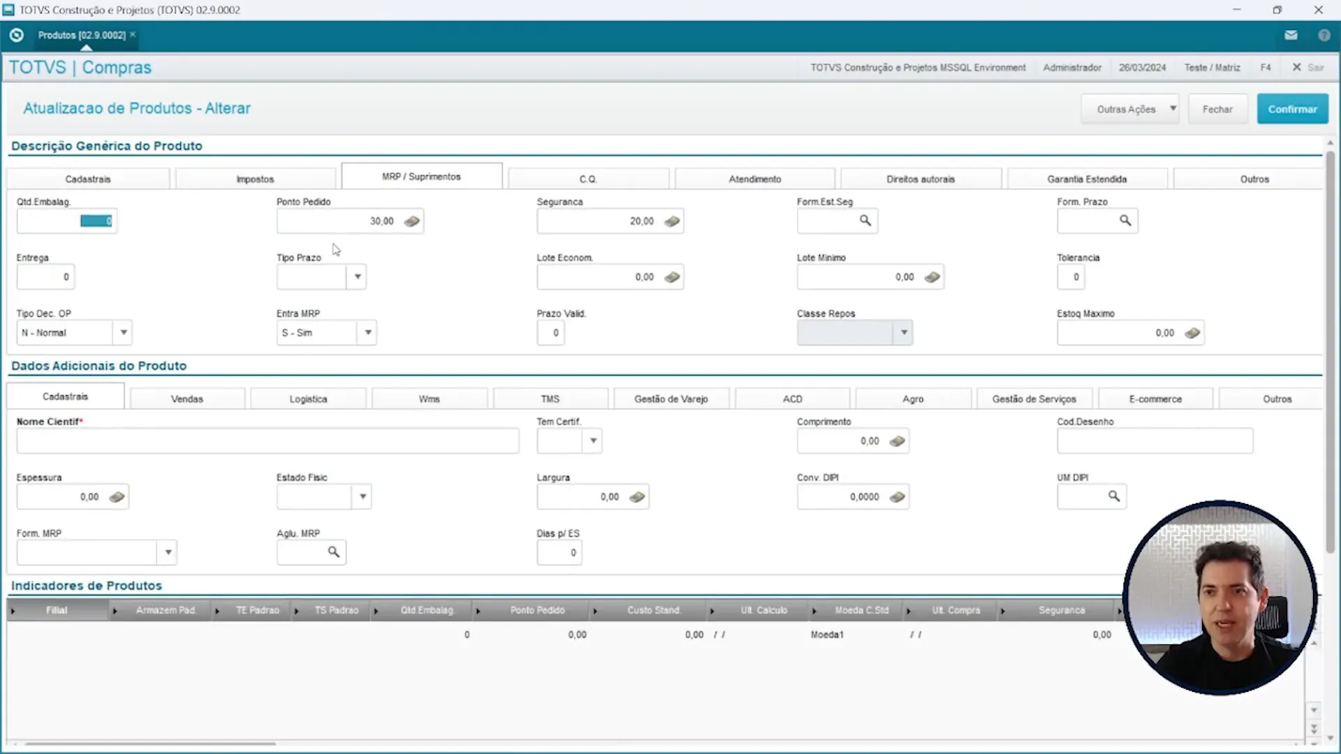 Cadastro do produto no TOTVS Protheus - Lote Economico e Lote minino