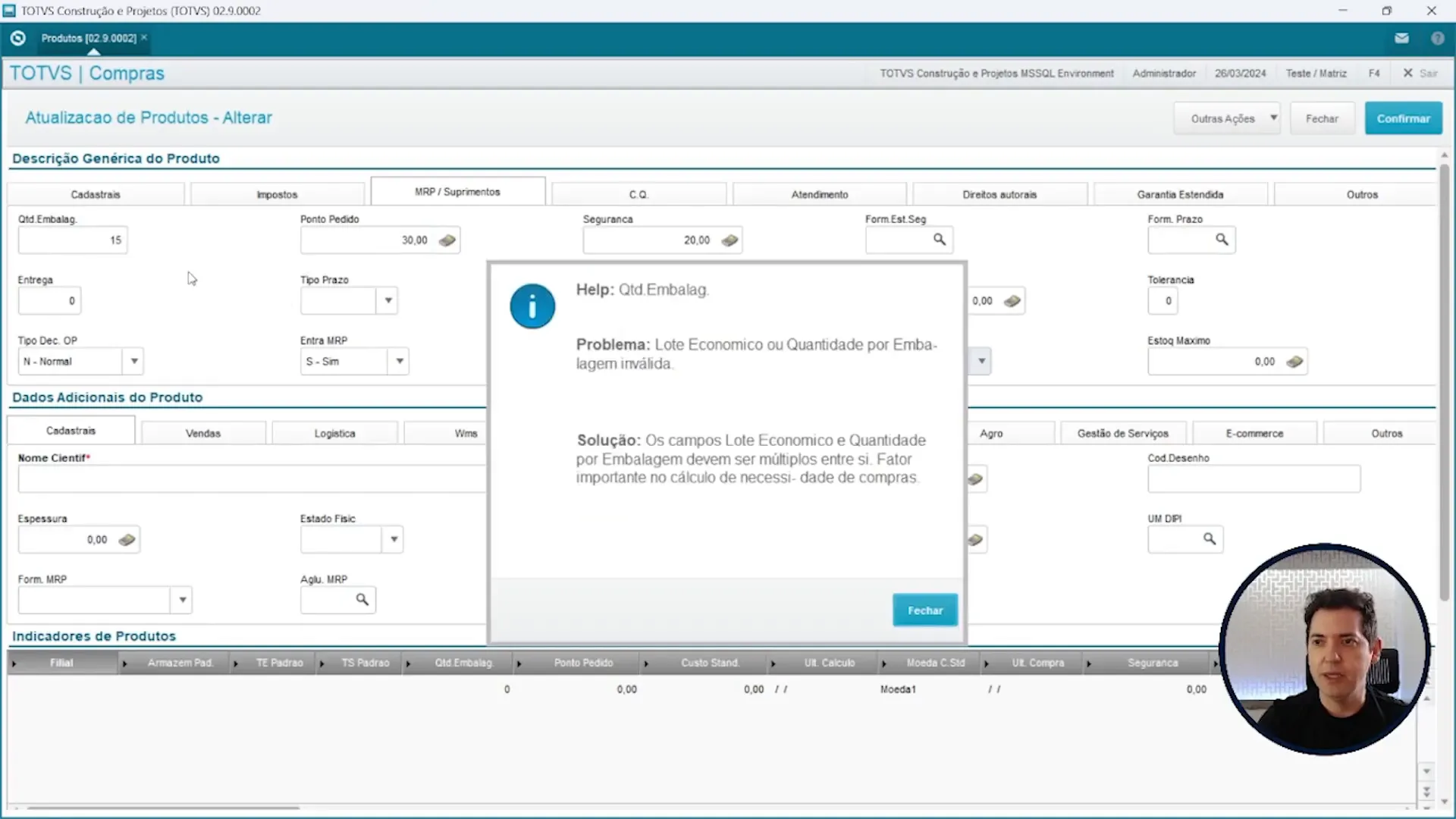 Alterando Qtd Embalagem e zerando lote econômico no sistema de ERP TOTVS Protheus