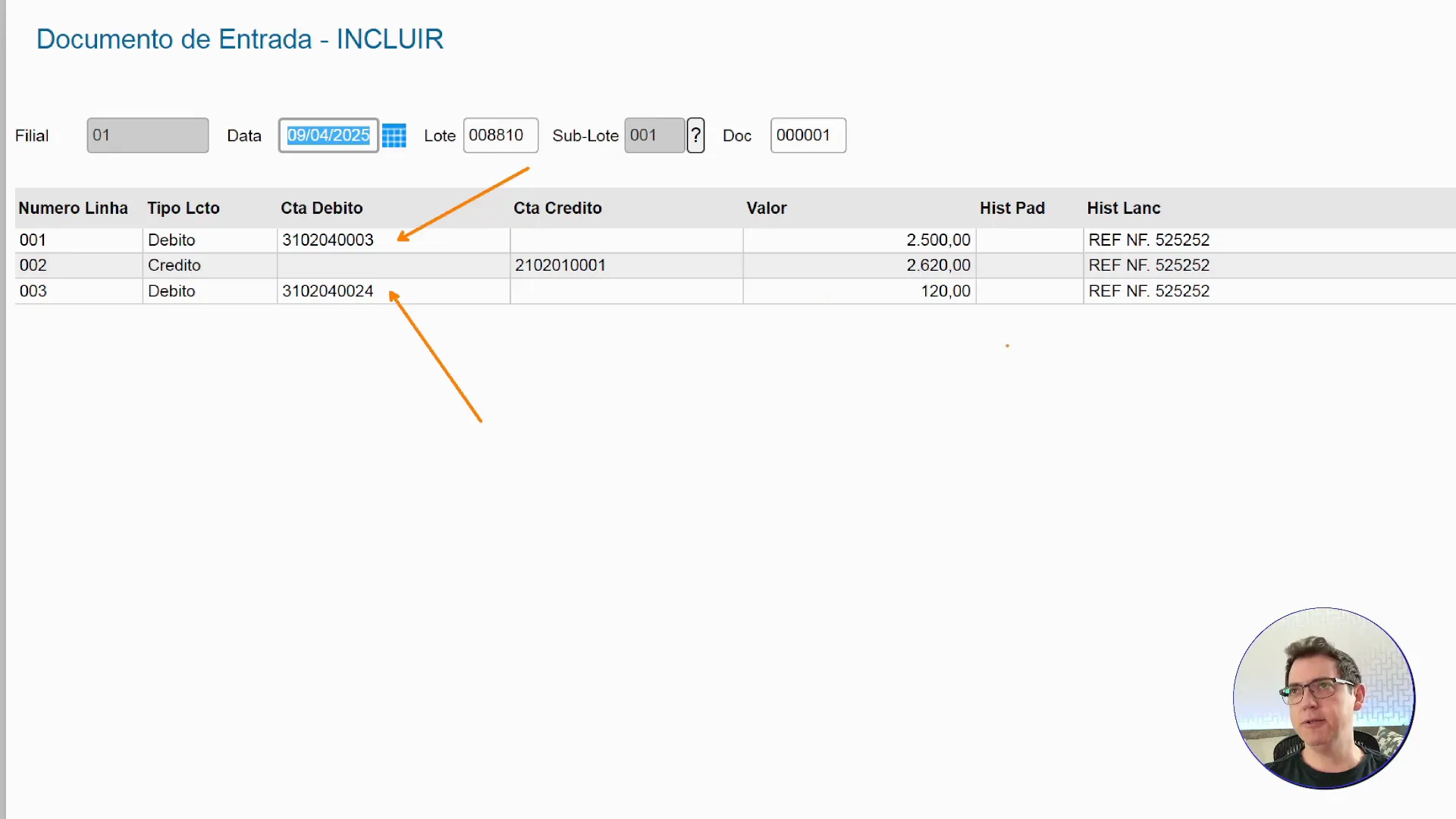 Tela de lançamentos contábeis on-line no modulo de compras no sistema de ERP TOTVS Protheus.