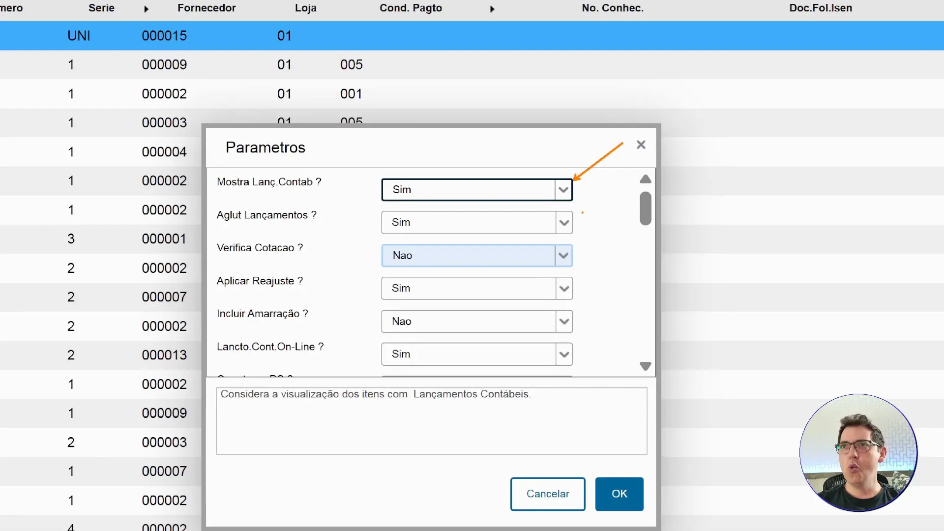 Tela de parametrizações na rotina documento de entrada módulo de compras do sistema de ERP TOTVS Protheus.