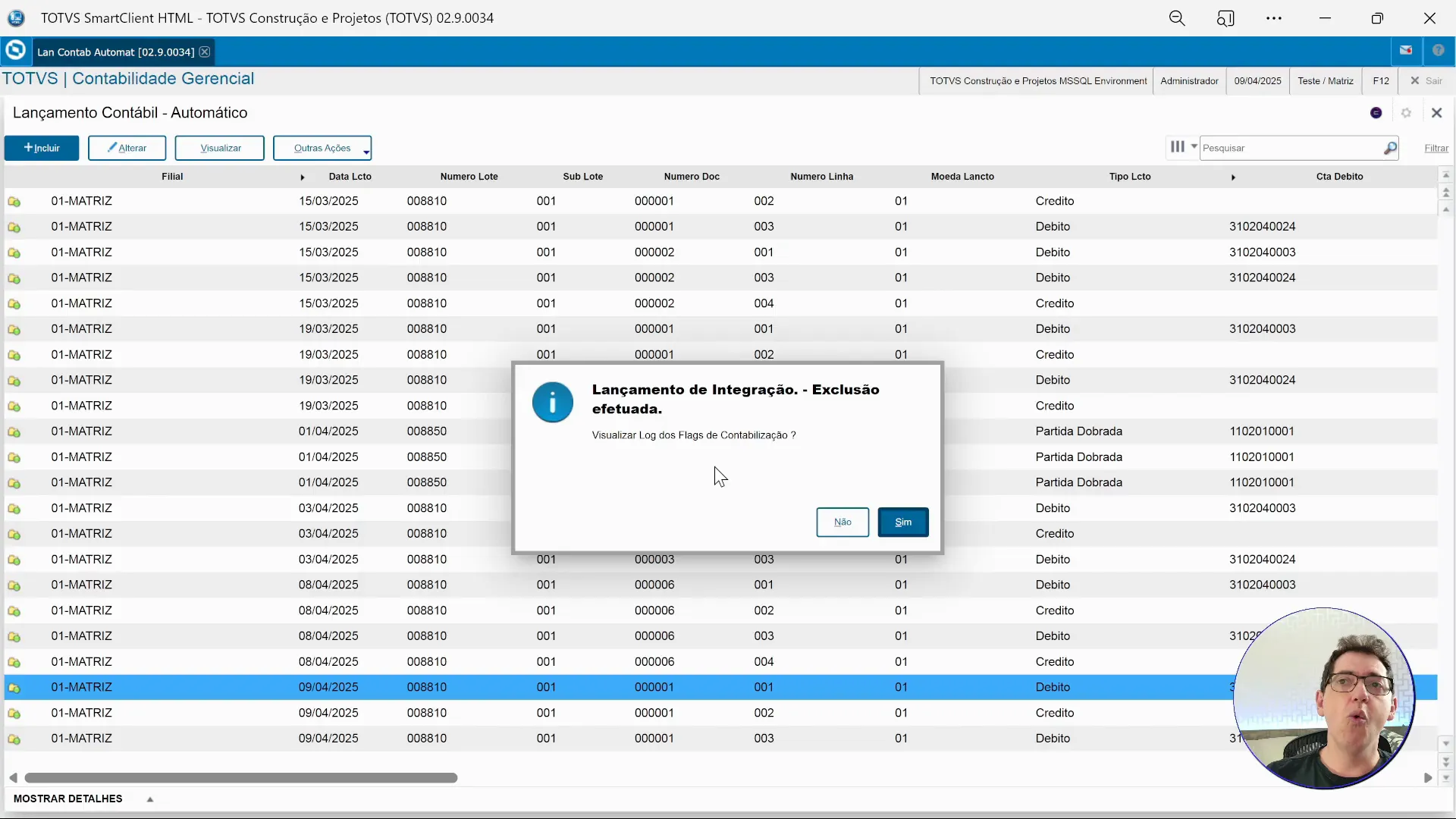 Confirmação de desmarcação de flags para recontabilização no TOTVS Protheus.