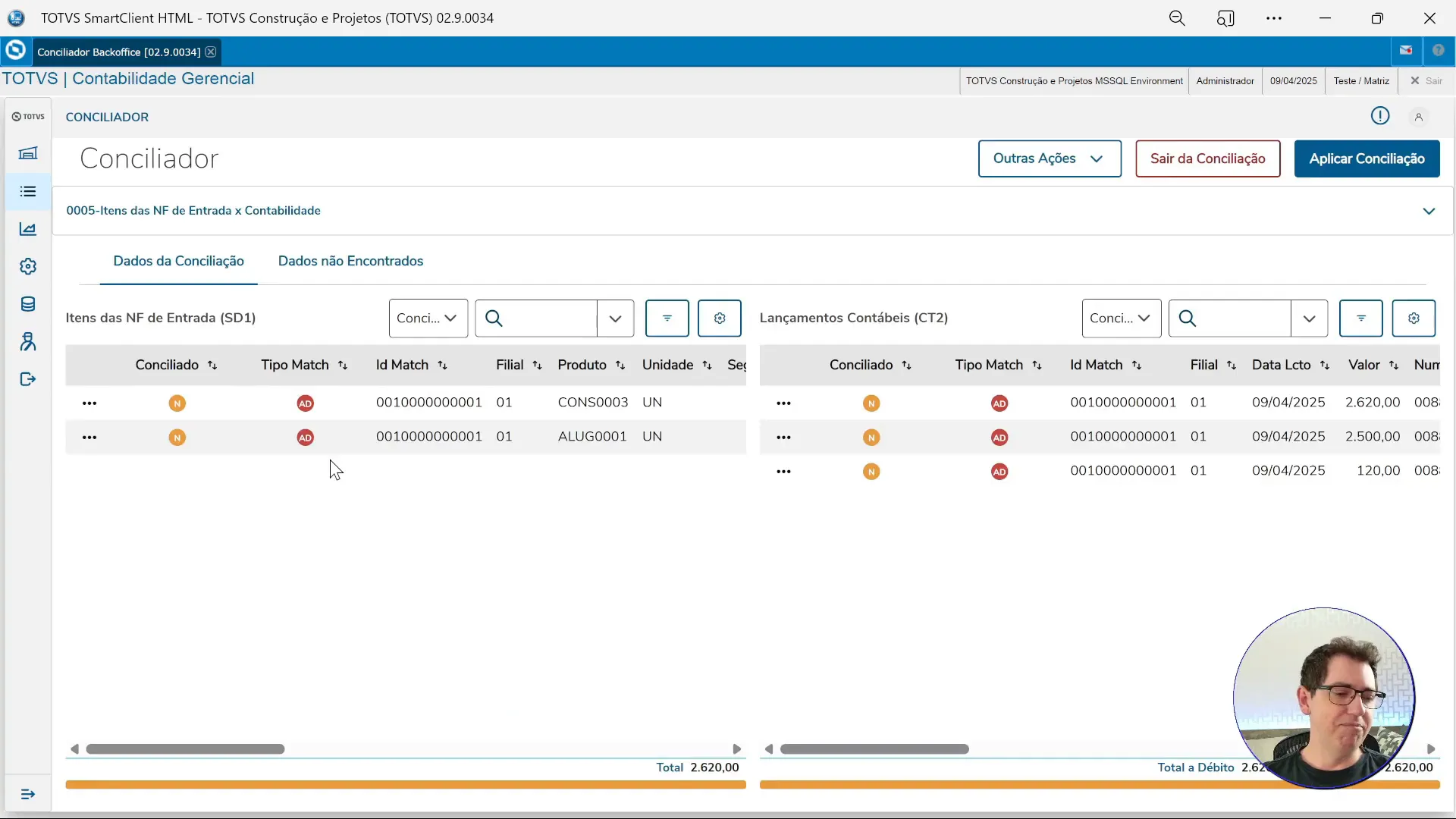 Tela do Conciliador Backoffice apresentando divergência automática no sistema de ERP TOTVS Protheus.