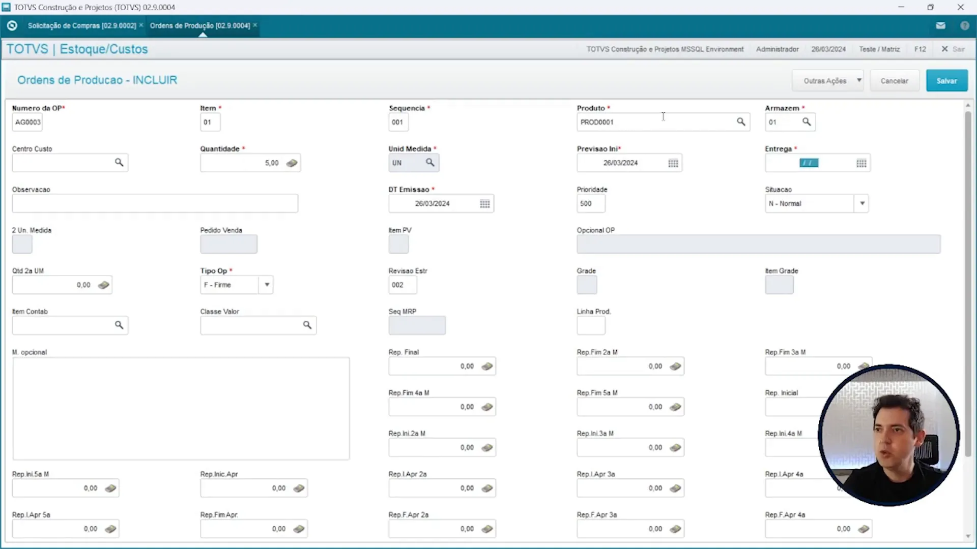 Nova ordem de produção criada no sistema de ERP TOTVS Protheus