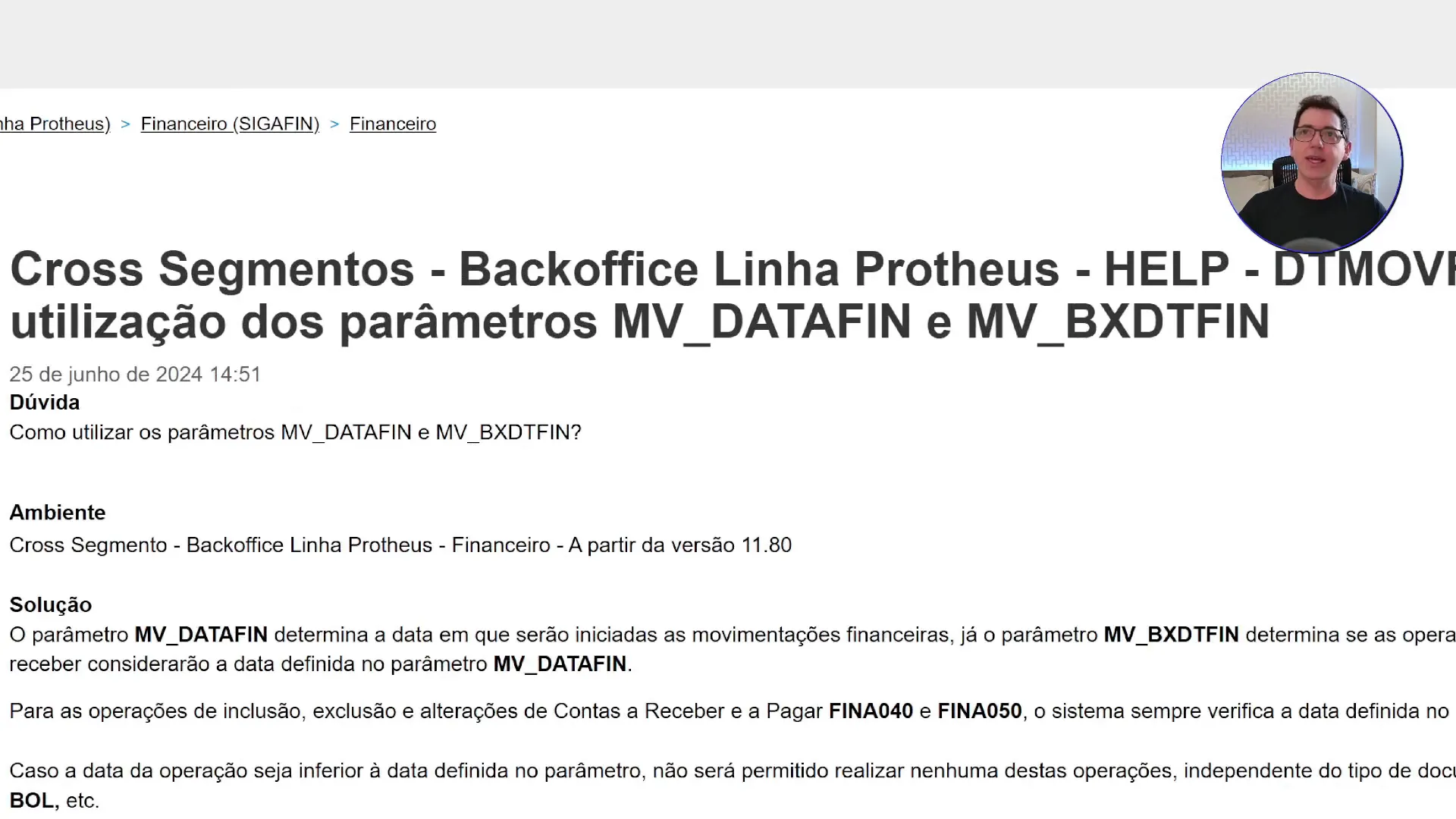 Parâmetros do módulo financeiro