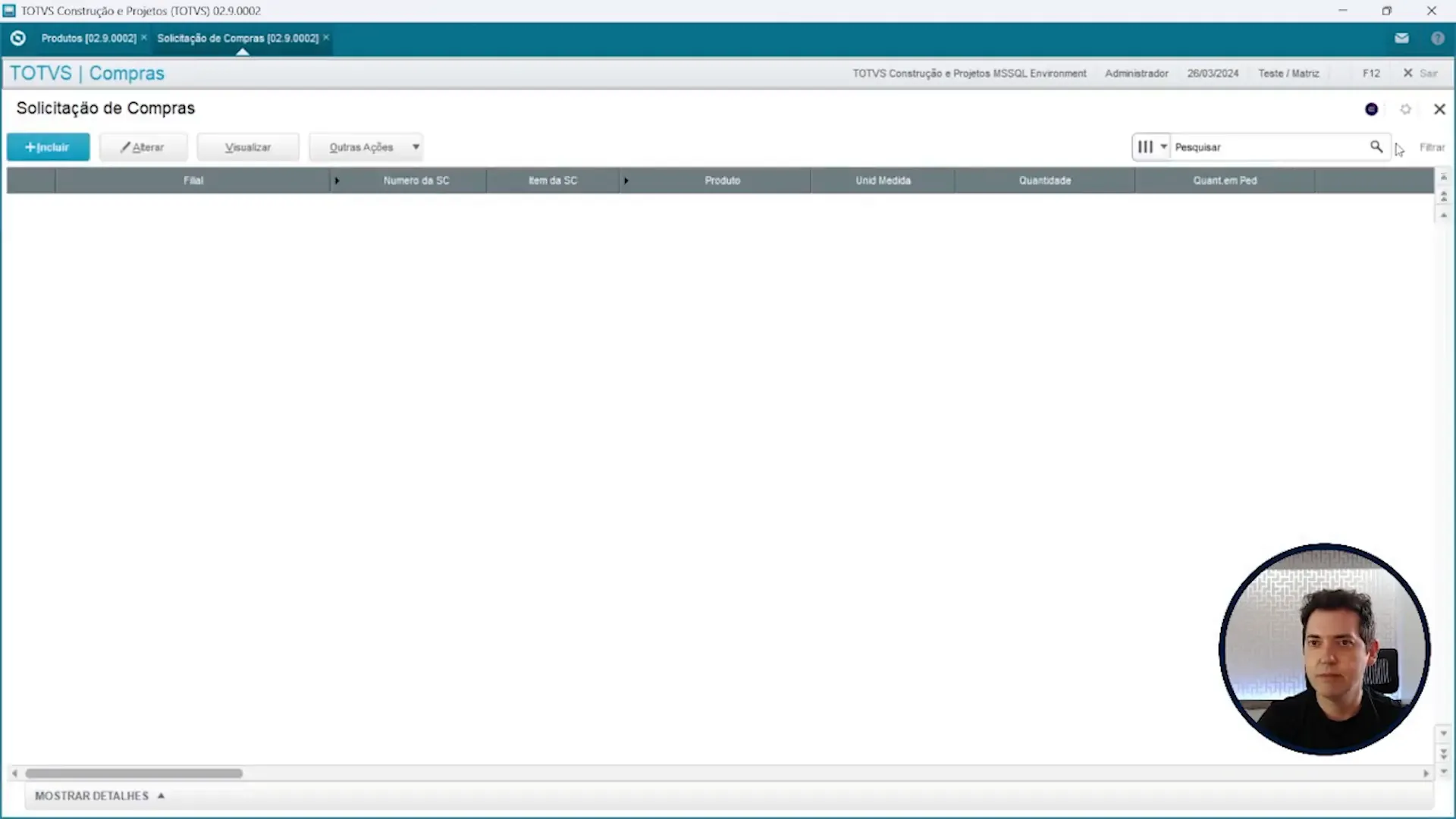 Excluindo solicitação de compra manualmente no sistema de ERP TOTVS Protheus