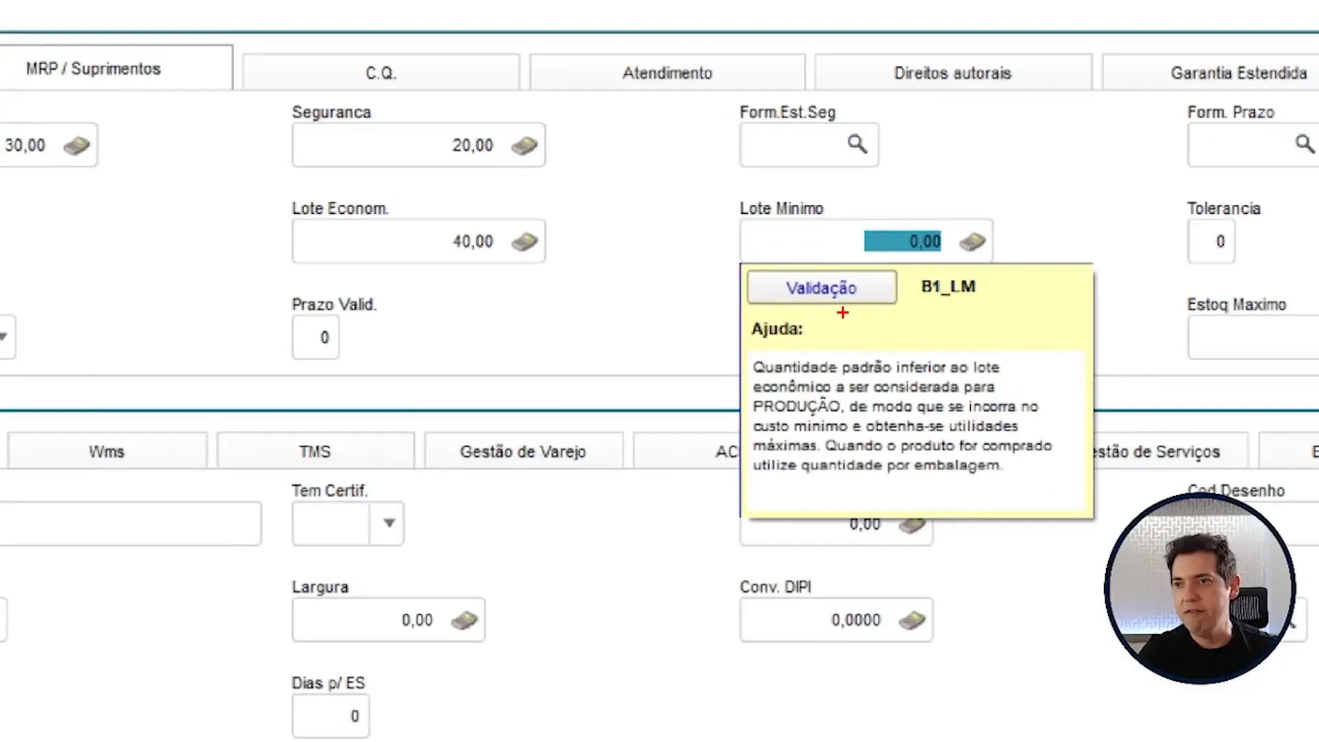Lote mínimo no sistema de ERP Totvs Protheus