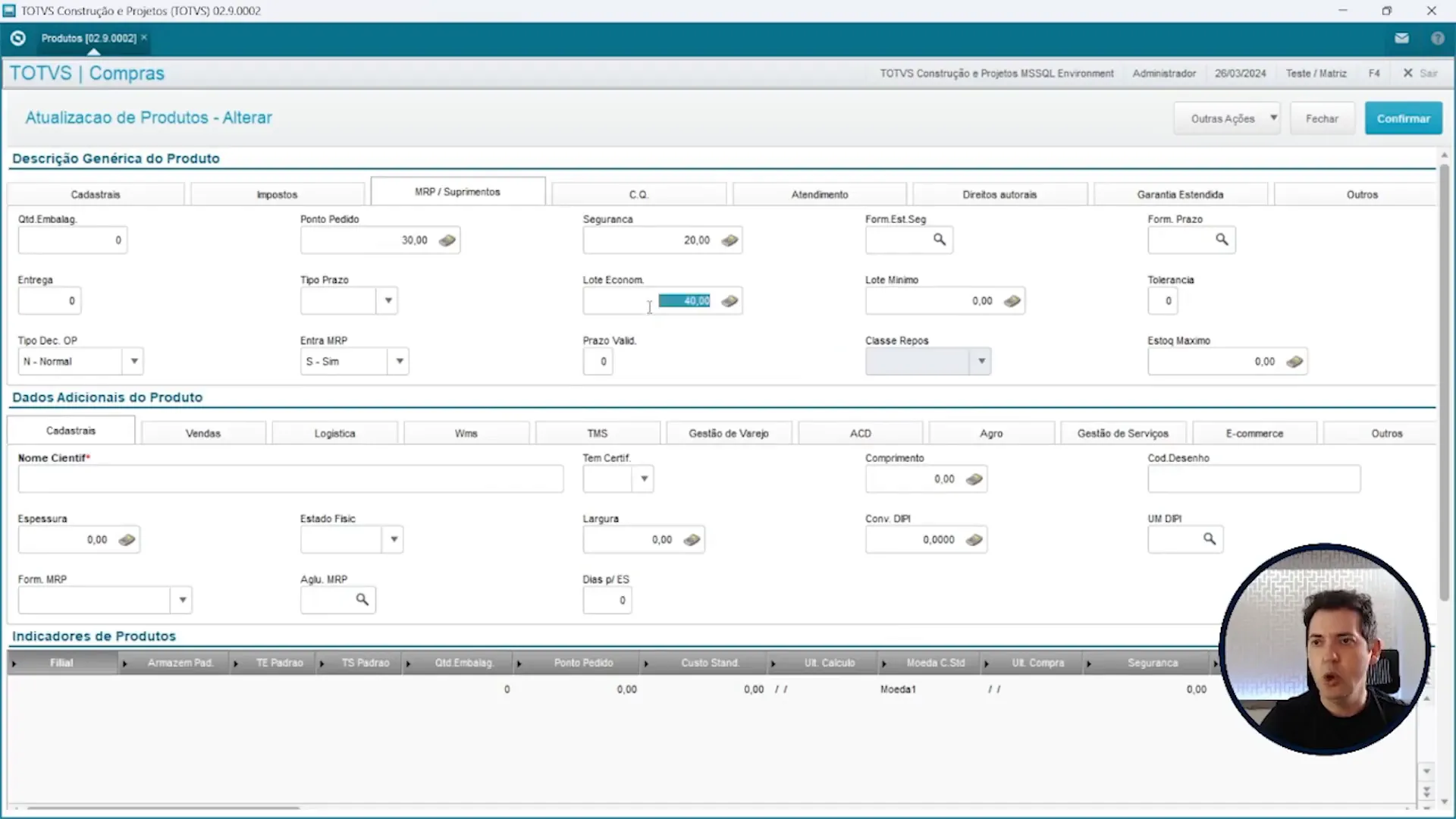 Configurando lote econômico no cadastro do produto do sistema de ERP Totvs Protheus