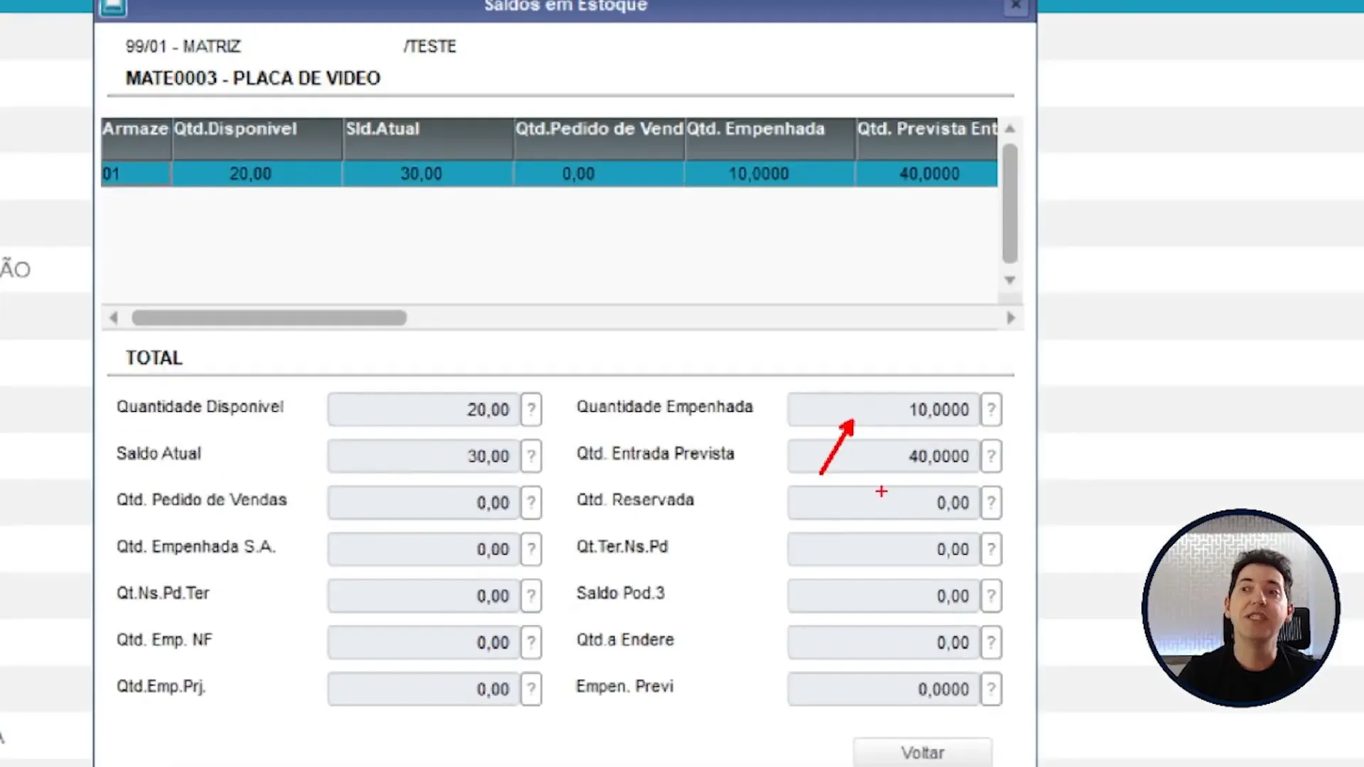 Consulta de quantidade empenhada e prevista após exclusão de uma ordem de produção no sistema de ERP TOTVS Protheus