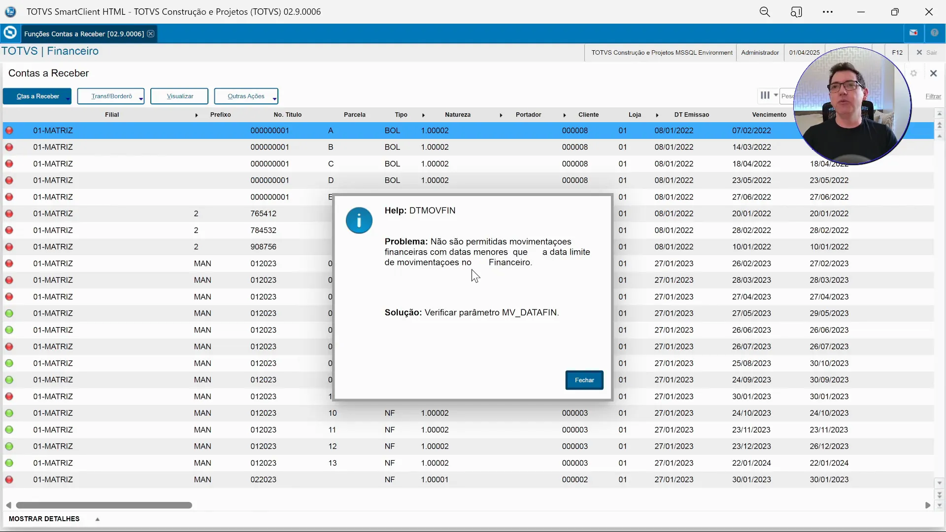 Tentativa de inclusão de título no contas a receber