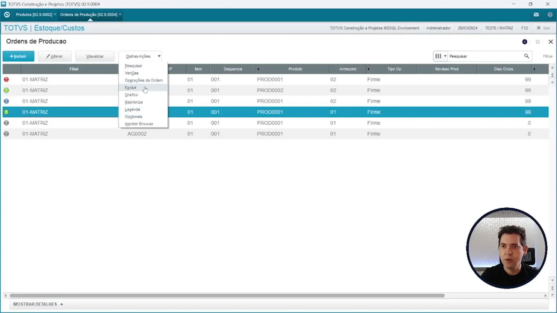 Excluindo ordem de produção no sistema de ERP TOTVS Protheus