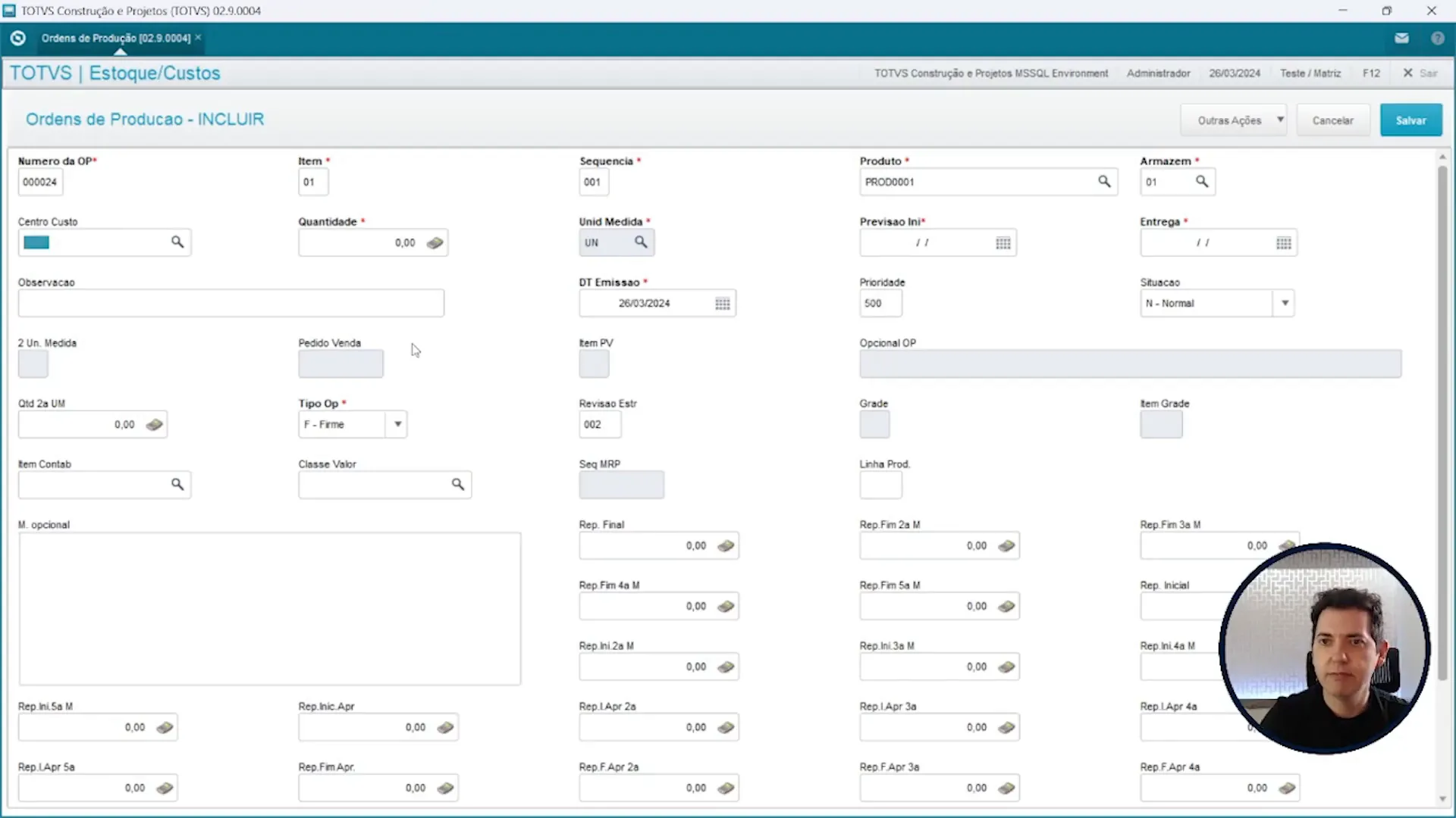 Incluindo ordem de produção no módulo de estoque utilizando o sistema de ERP Totvs Protheus