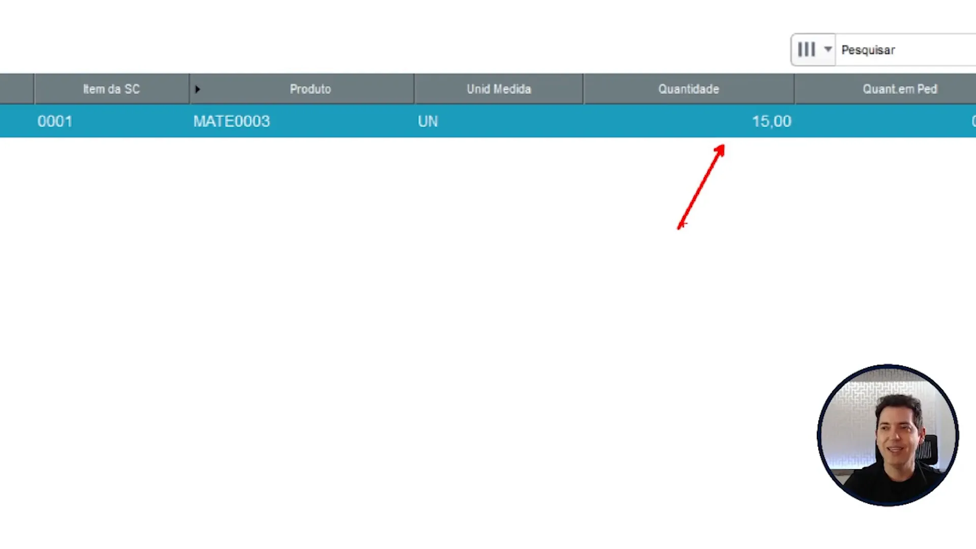 Solicitação de compra gerada, depois de preencher o campo Qtd. Embalag no sistema de ERP TOTVS Protheus.