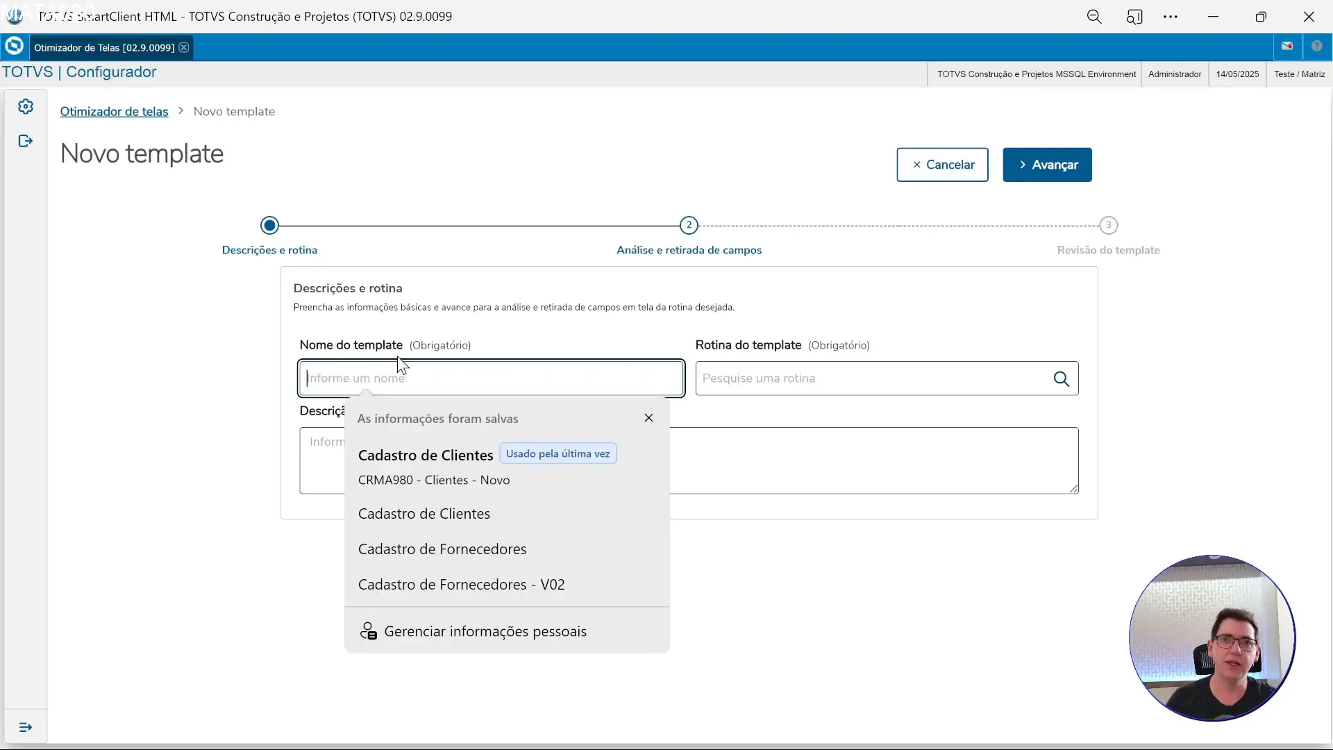 Tela de criação de template no Otimizador de Tela do TOTVS Protheus