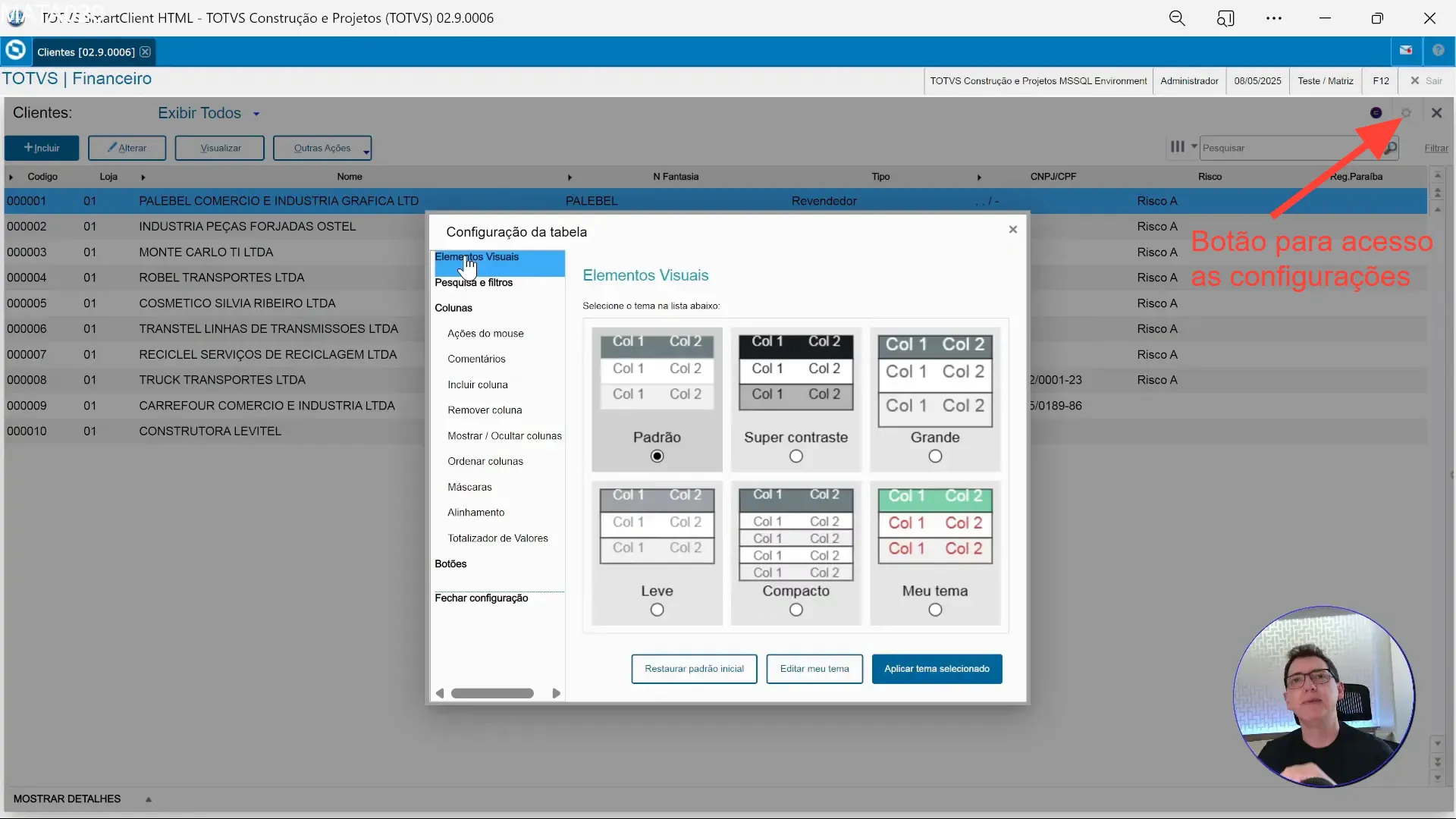 Tela de configurações de elementos visuais no Totvs Protheus.