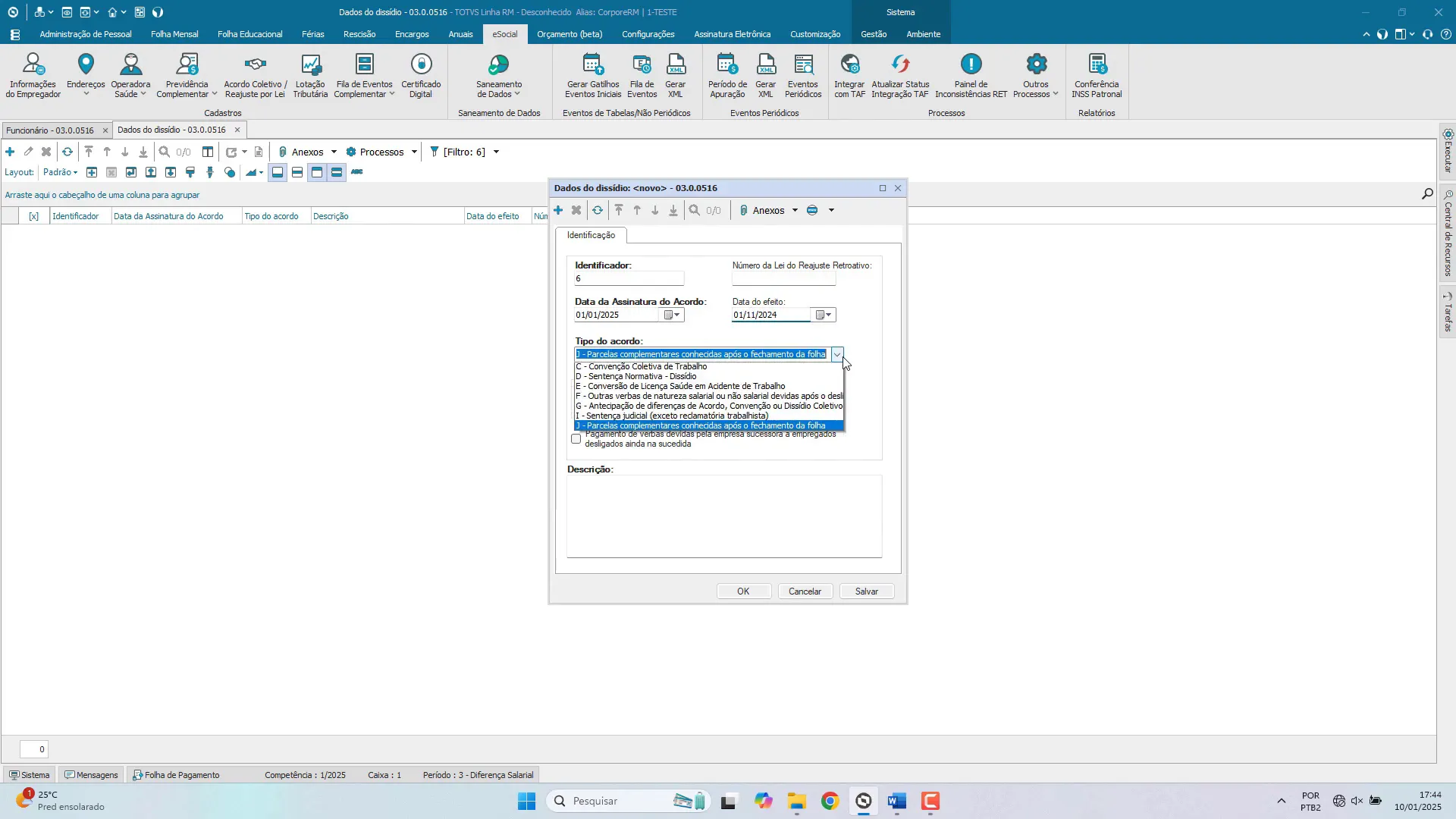 Cadastro do motivo da rescisão complementar no eSocial - TOTVS RM