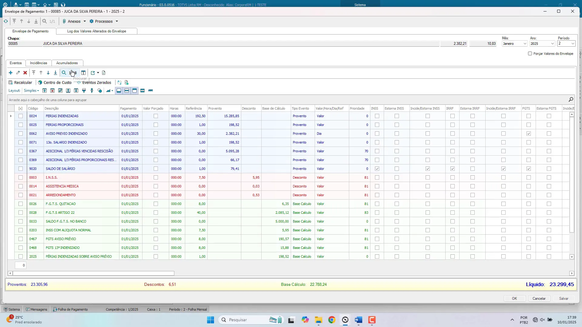 Envelope do funcionário mostrando rescisão já calculada - TOTVS RM