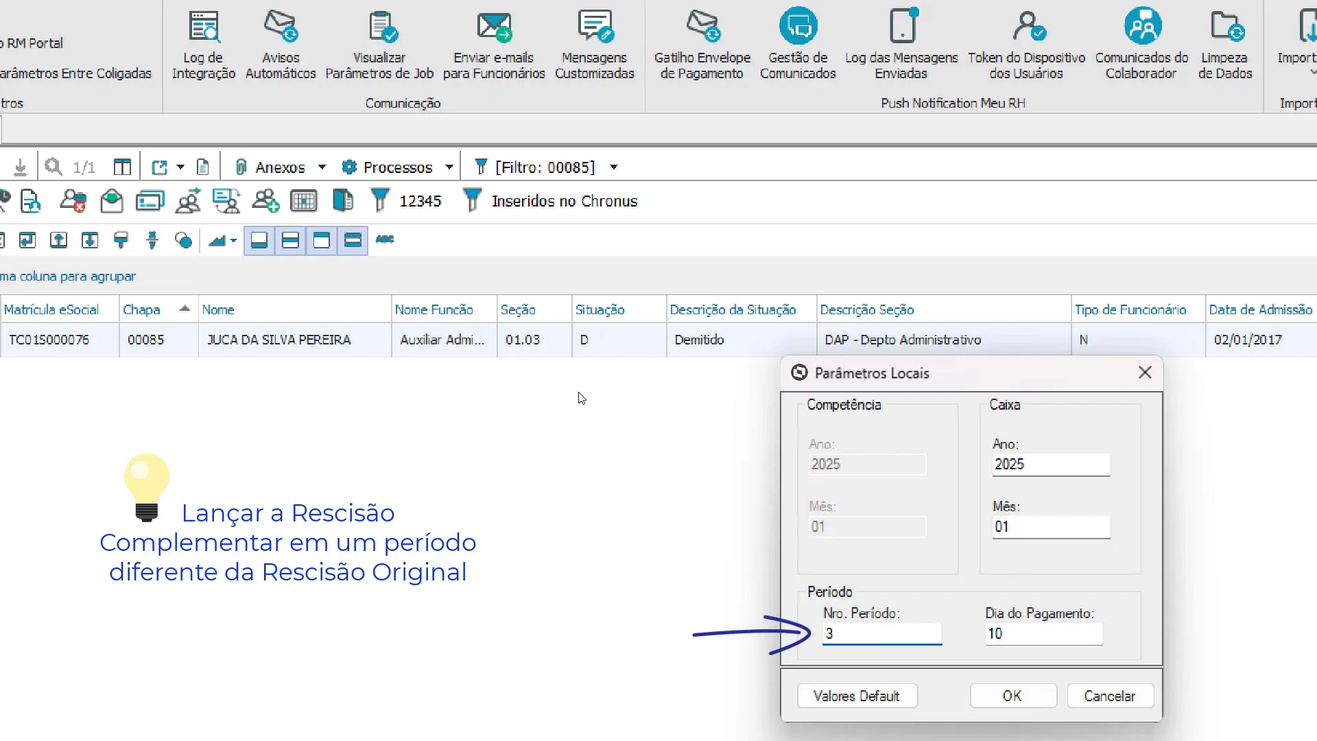 Configuração de período complementar no sistema TOTVS RM