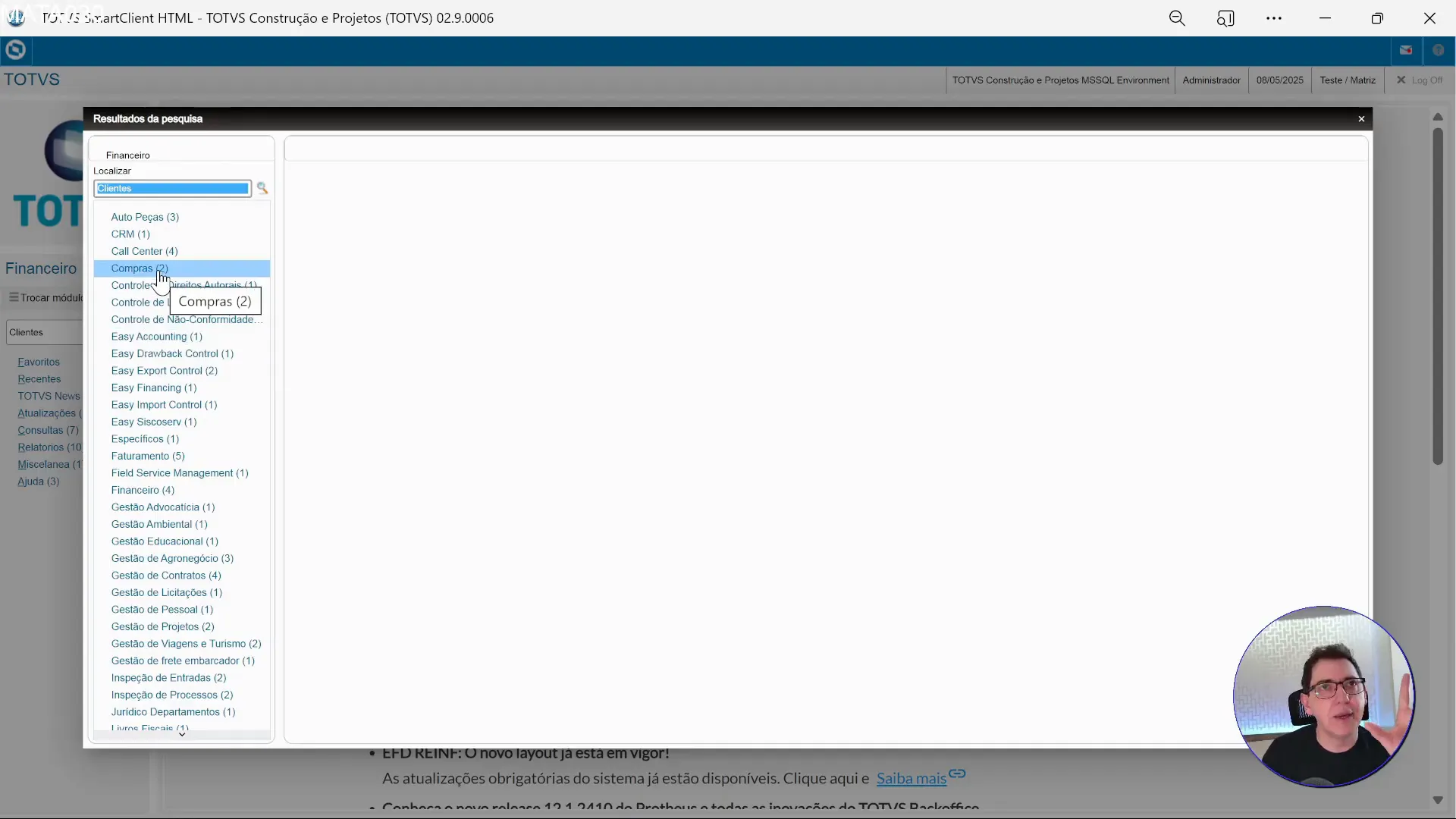 Tela de pesquisa no TOTVS Protheus mostrando resultados para 'clientes'