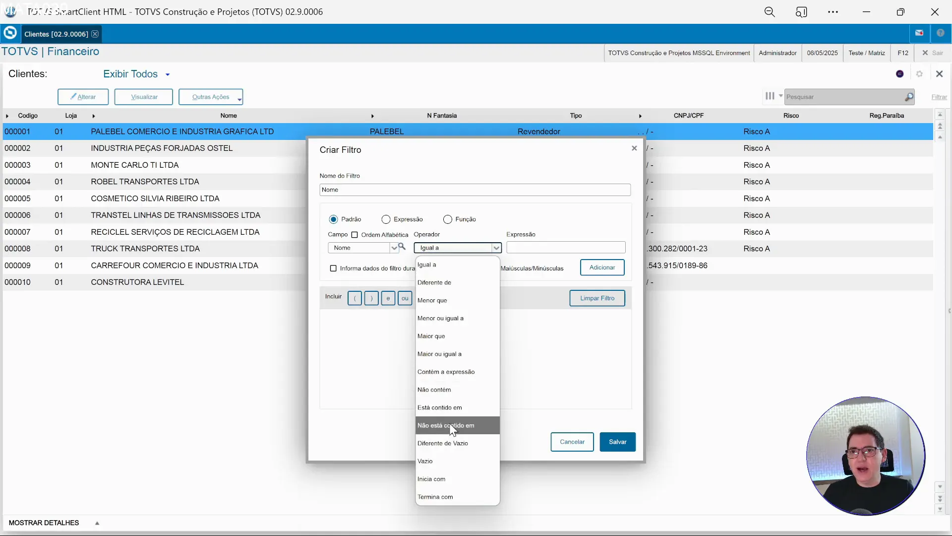 Tela de criação de filtro com parâmetro no TOTVS Protheus