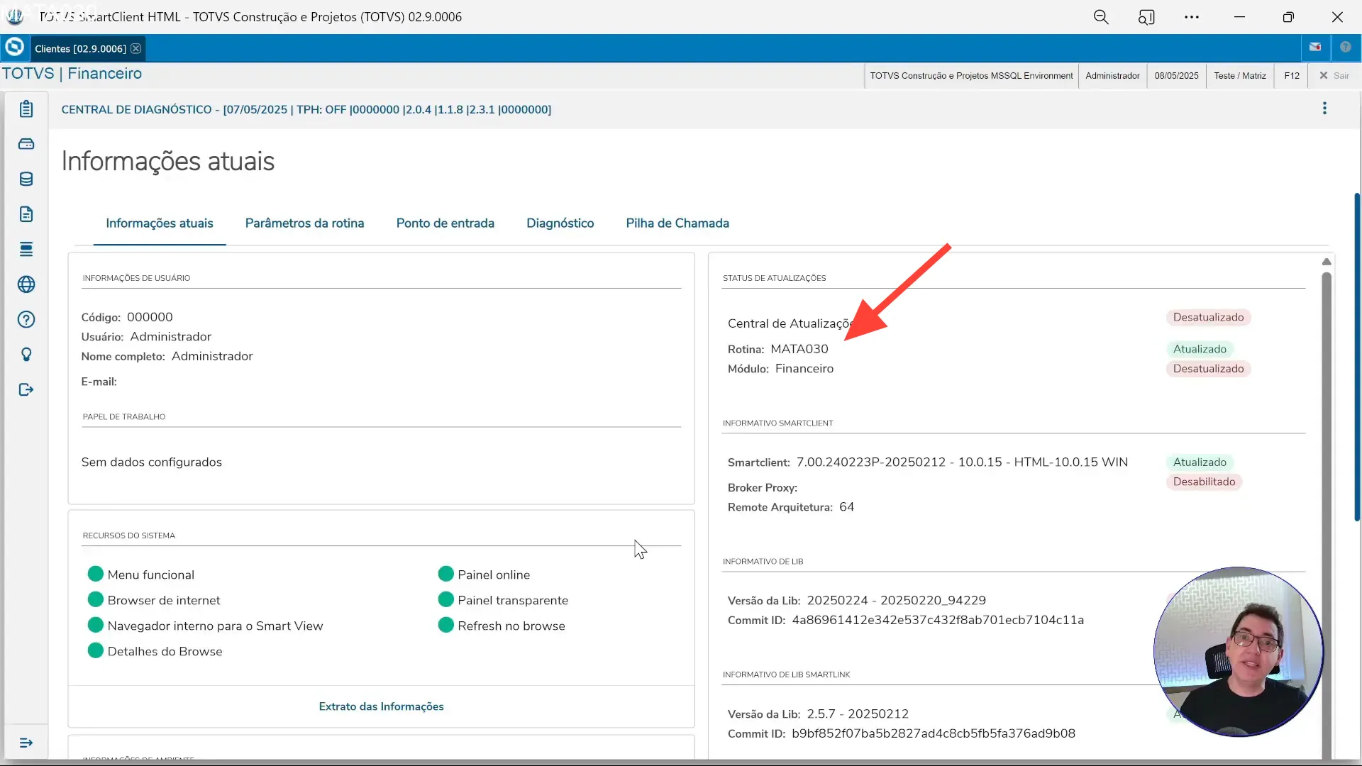 Exemplo de tela com nome técnico da rotina no TOTVS Protheus
