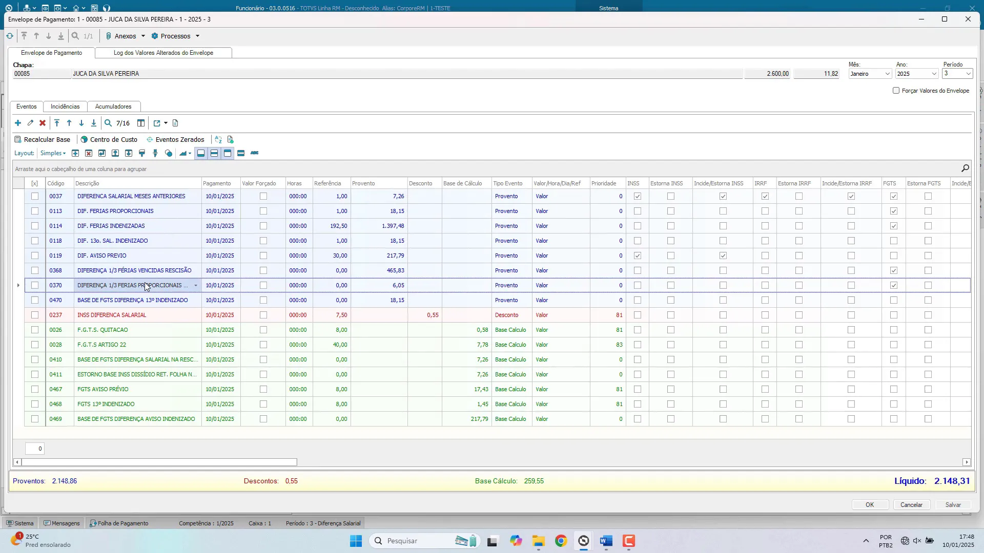 Log detalhado do cálculo da rescisão complementar no TOTVS RM