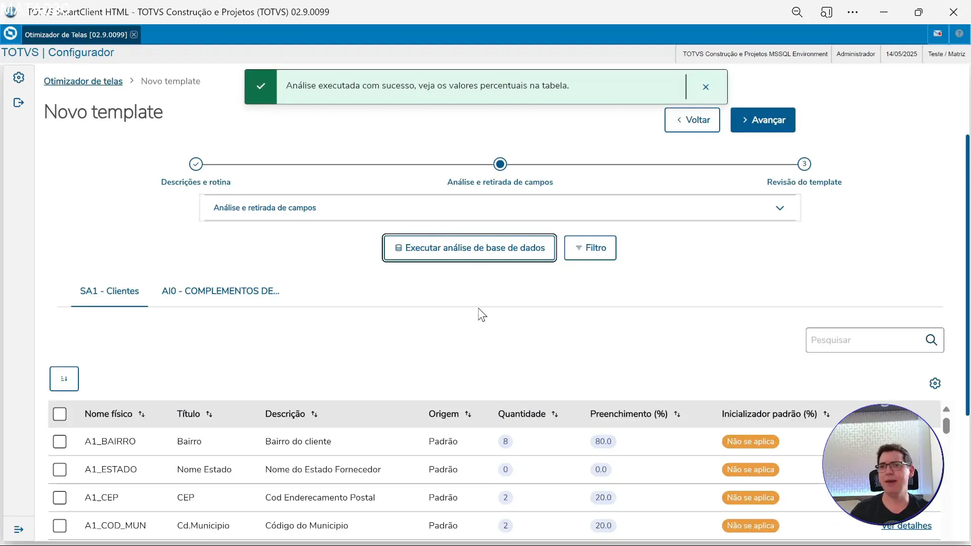 Análise de base de dados mostrando uso dos campos na tabela SA1 na rotina otimizador de telas no sistema de ERP TOTVS Protheus