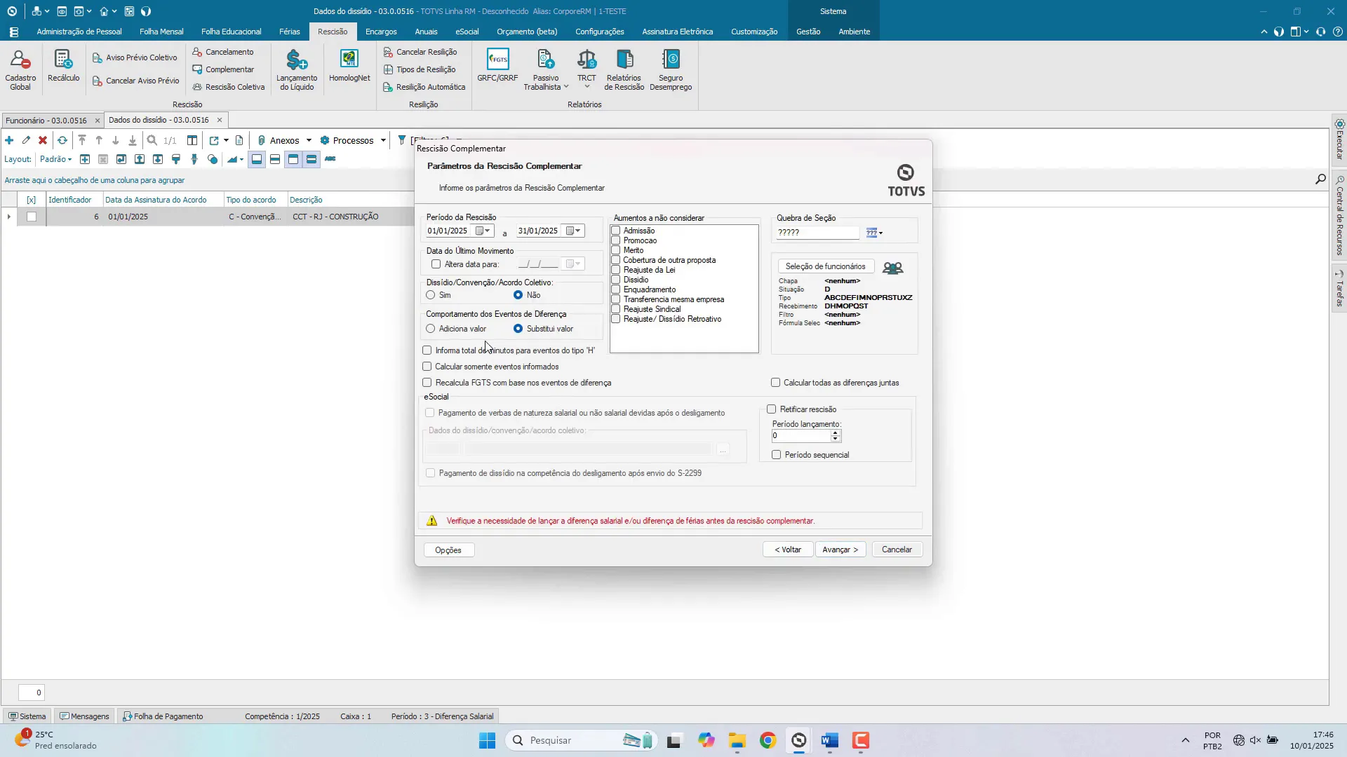 Tela de cálculo da rescisão complementar no TOTVS RM