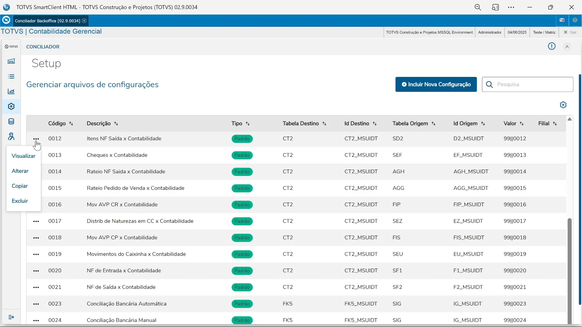 Opções para gerenciar configurações padrão e personalizadas no conciliador backoffice do TOTVS Protheus