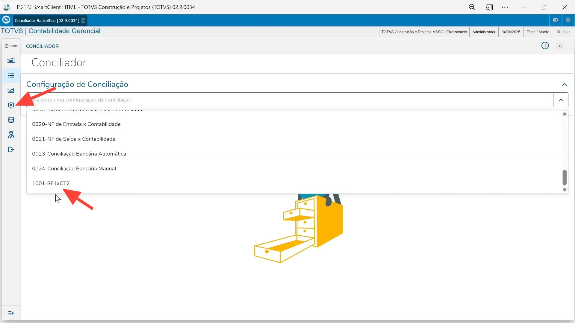 Tela do conciliador backoffice do TOTVS Protheus, mostrando lista de configurações