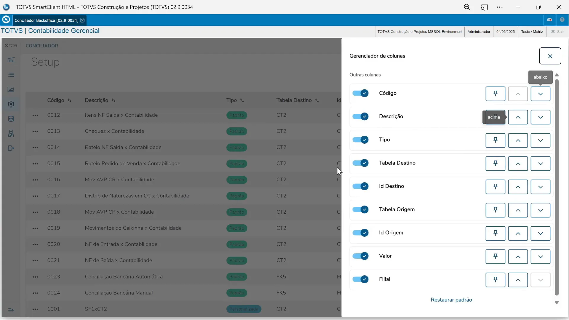 Personalização do grid de configurações no conciliador backoffice do TOTVS Protheus