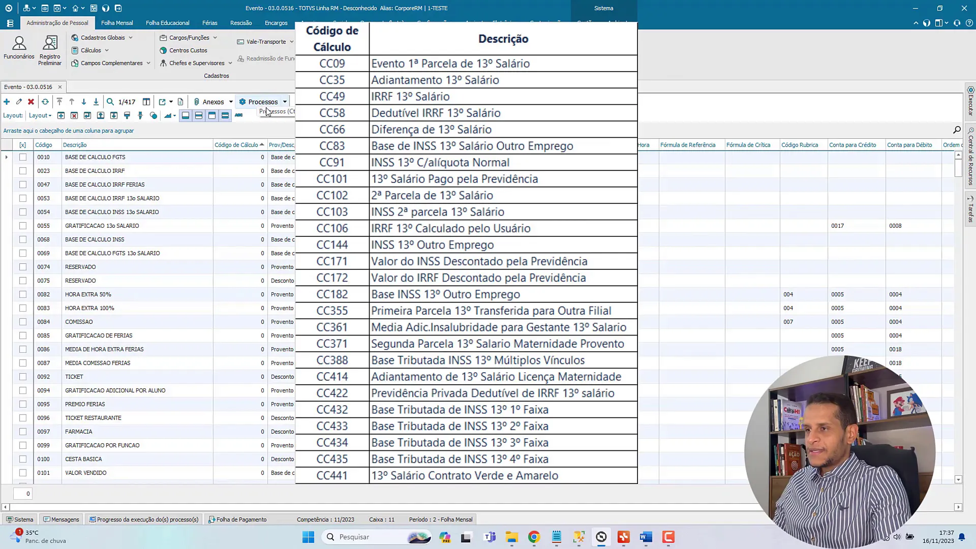 Tela de cadastro de eventos no RM Labore mostrando os códigos de cálculo para o décimo terceiro